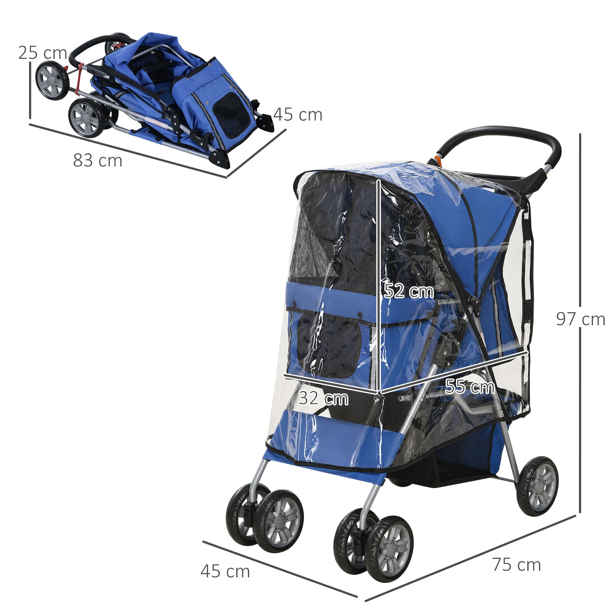 Dog Buggy, Dog Cart with Rain Cover, Foldable Dog Trolley up to 10 kg, Cat Buggy for Small Dogs with Cup Holder, Mesh Window, Cat Cart, Blue, 75 x 45 x 97 cm