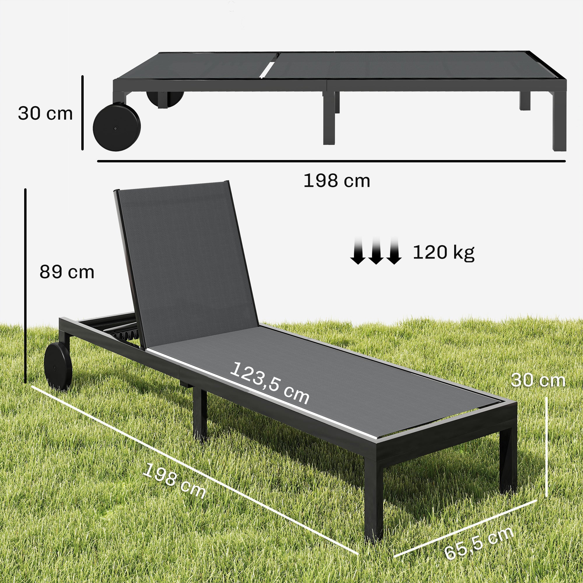 6-Position Adjustable Sun Lounger with Wheels — Breathable Mesh, Aluminum Frame, Supports up to 265 lb, Dark Gray