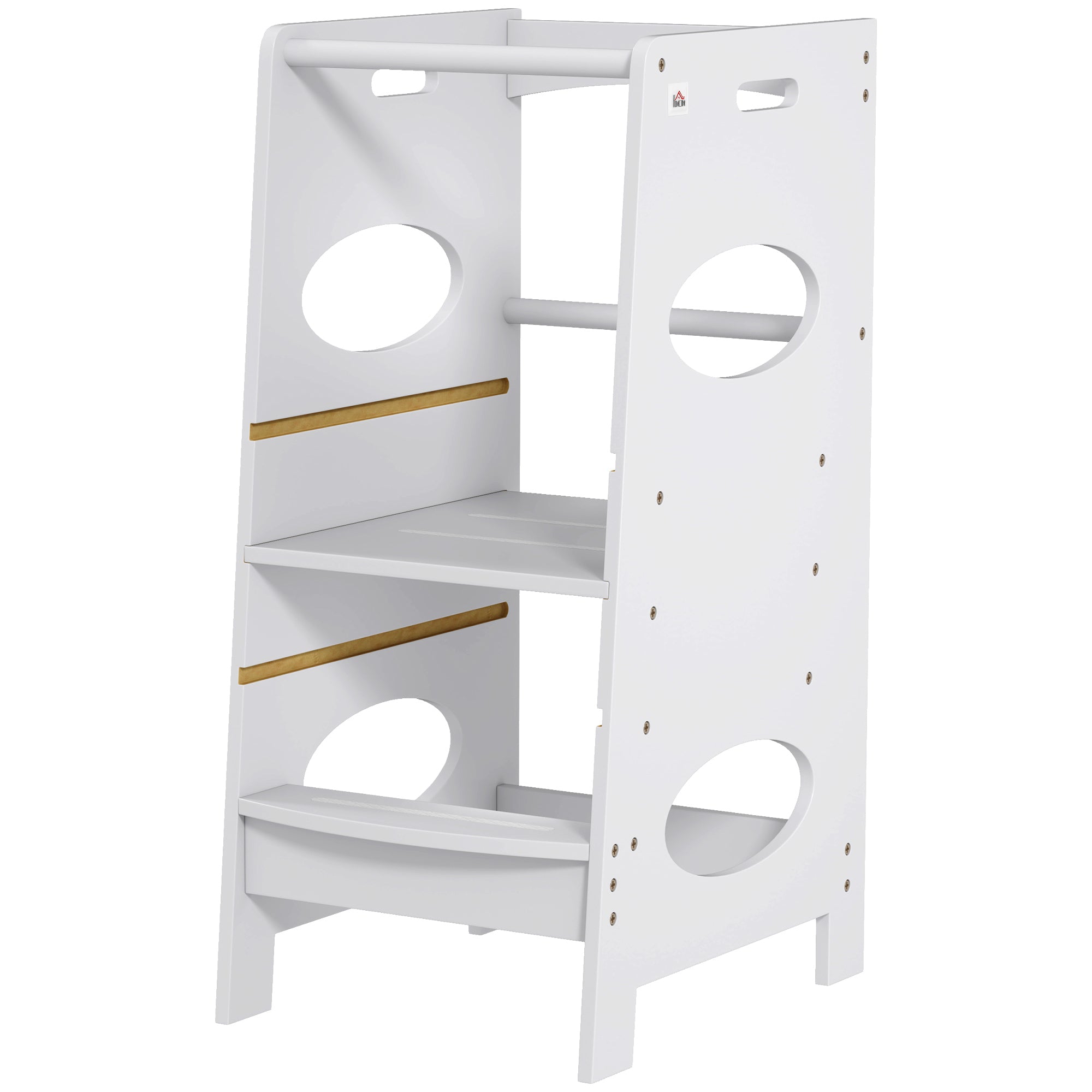 Wooden Learning Tower for Kids Child Kitchen Step Stool with Adjustable Height in 3 Positions and Safety Bar 40x50x90 cm Gray