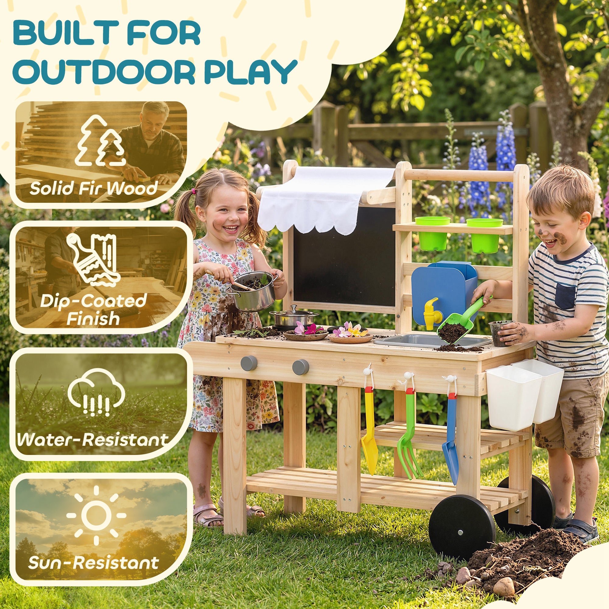 Outdoor Mud Kitchen for Kids — Wooden Play Kitchen with Real Faucet, Sink, Stove, Storage Shelf & Water Tank, Natural Wood — Ages 3+