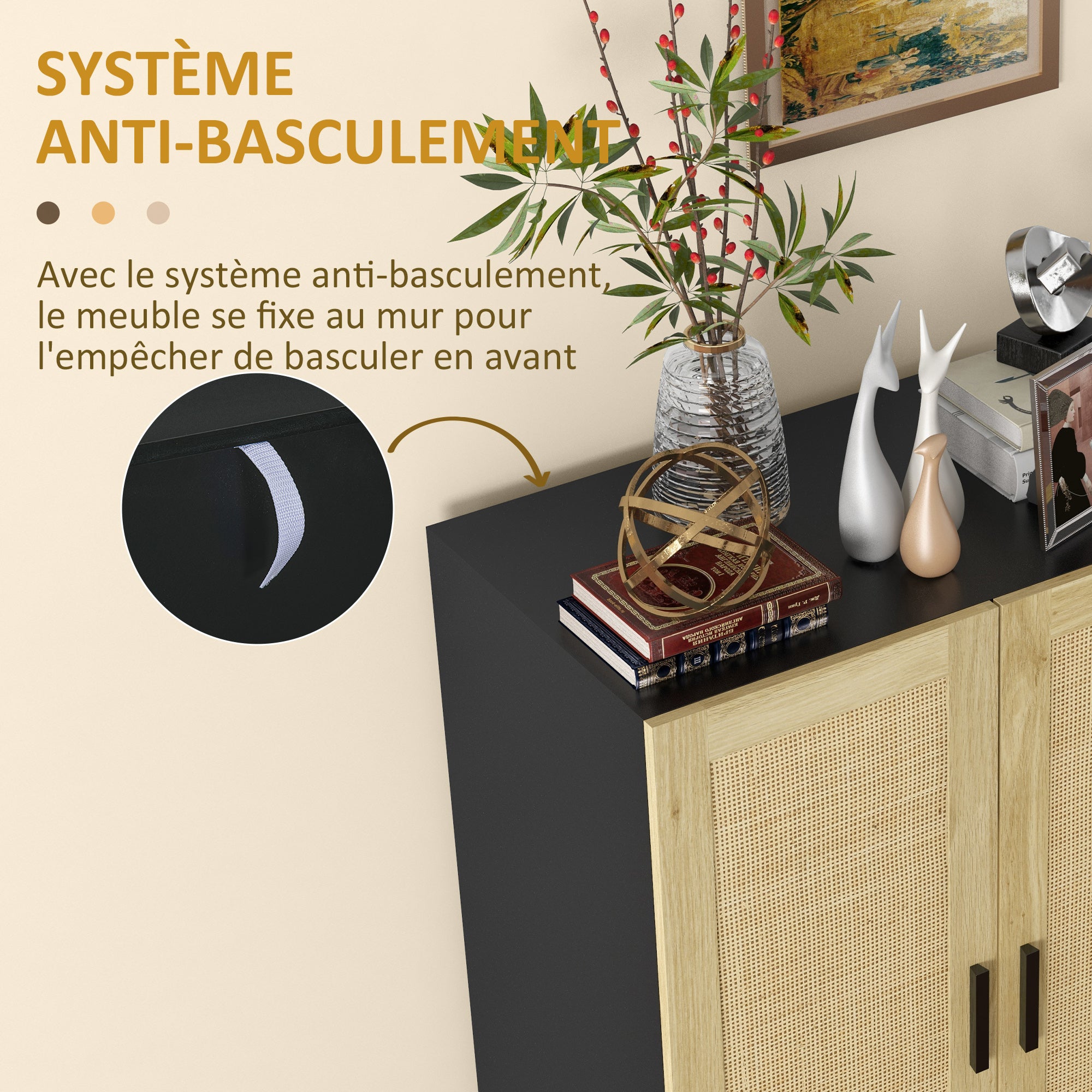 Rattan Effect Cupboard Storage Cabinet with Adjustable Shelves, Bohemian Style, Storage Wardrobe for Living Room, Kitchen, Bedroom, 73 x 41 x 102 cm, Black and Natural Wood