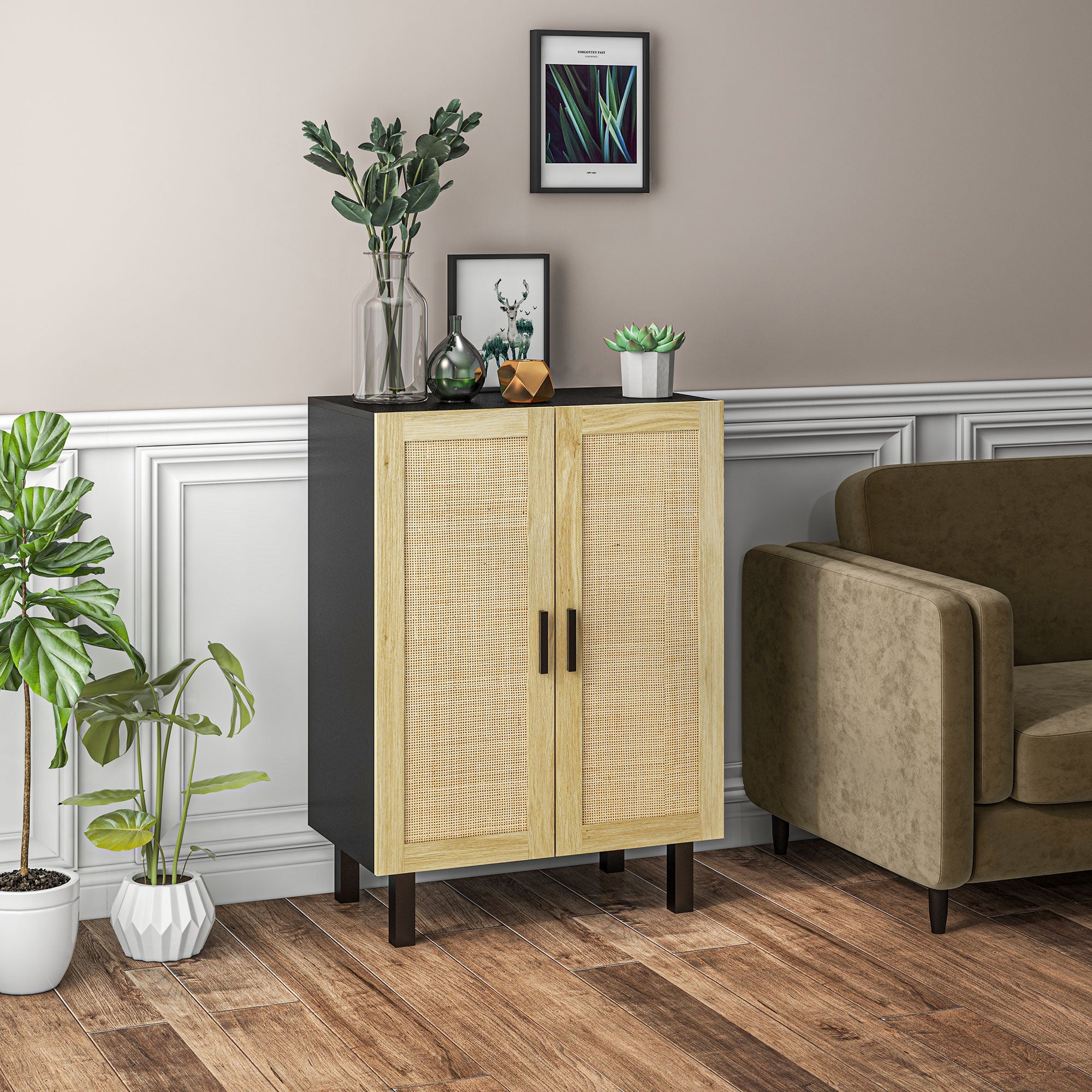 Rattan Effect Cupboard Storage Cabinet with Adjustable Shelves, Bohemian Style, Storage Wardrobe for Living Room, Kitchen, Bedroom, 73 x 41 x 102 cm, Black and Natural Wood