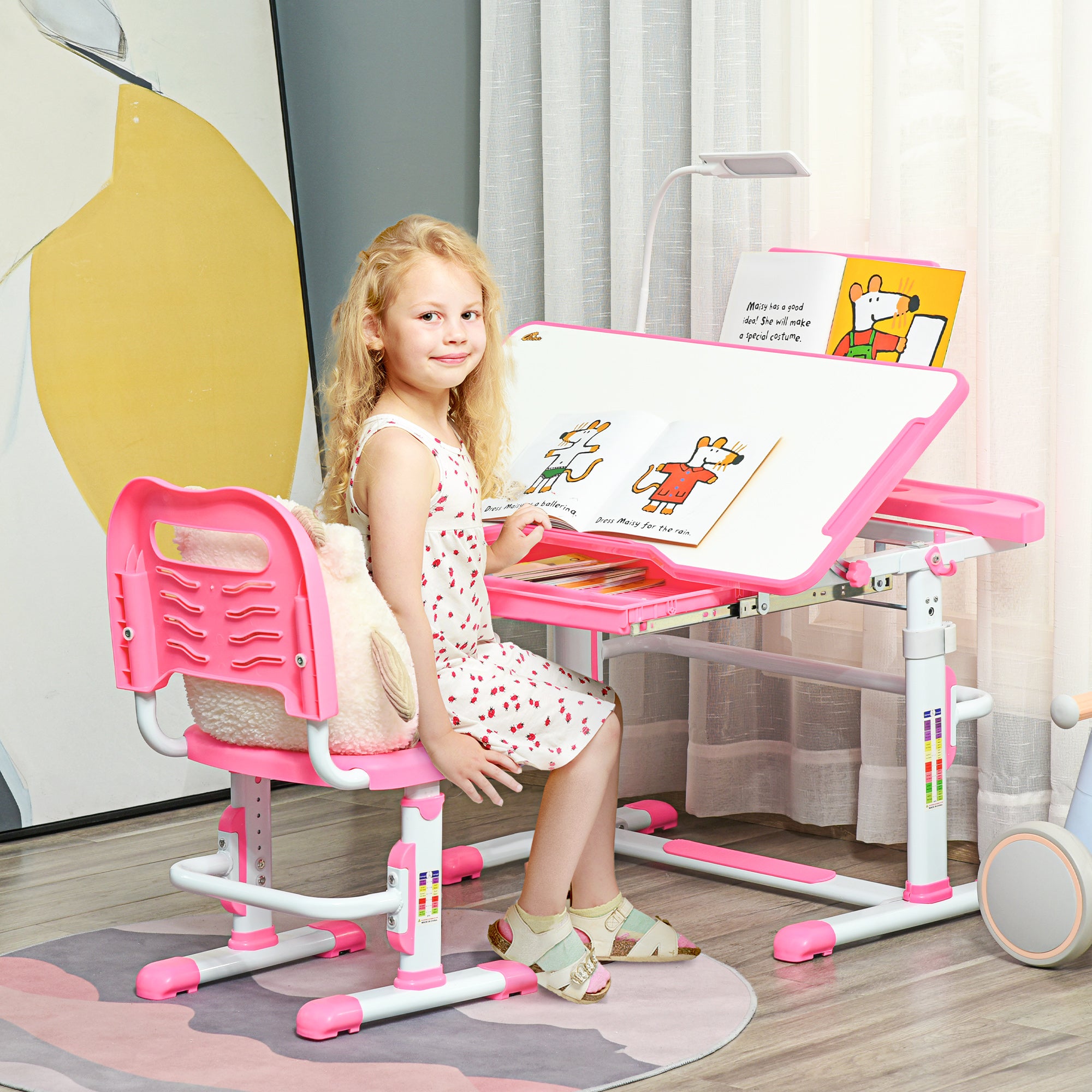 Kids Desk and Chair Set for +6 Years Old Children Adjustable Desk Tilted Table Lamp LED and Pencil Holder 80x49.5x82-104 cm and 35.5x43.5x63-73 cm Pink