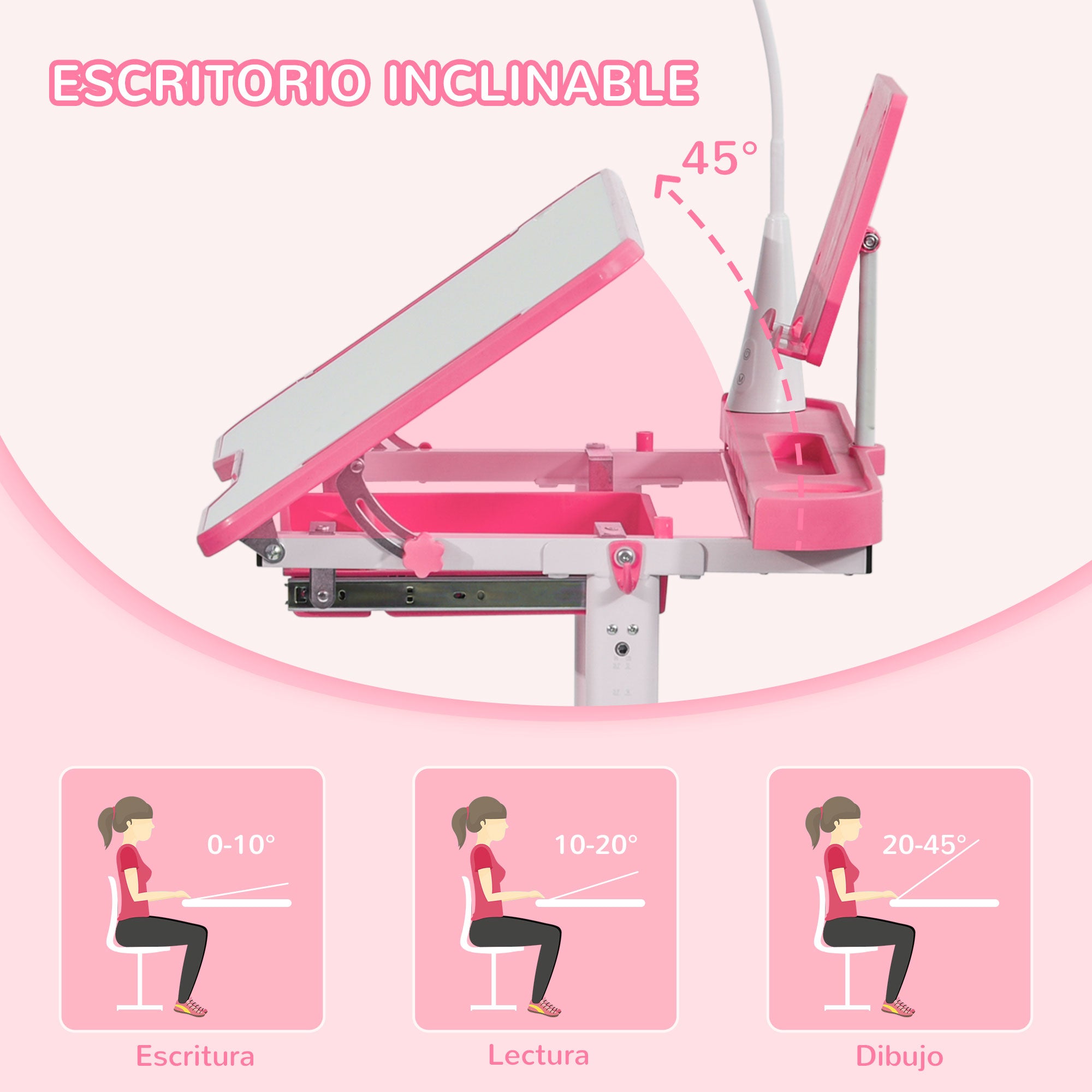 Kids Desk and Chair Set for +6 Years Old Children Adjustable Desk Tilted Table Lamp LED and Pencil Holder 80x49.5x82-104 cm and 35.5x43.5x63-73 cm Pink