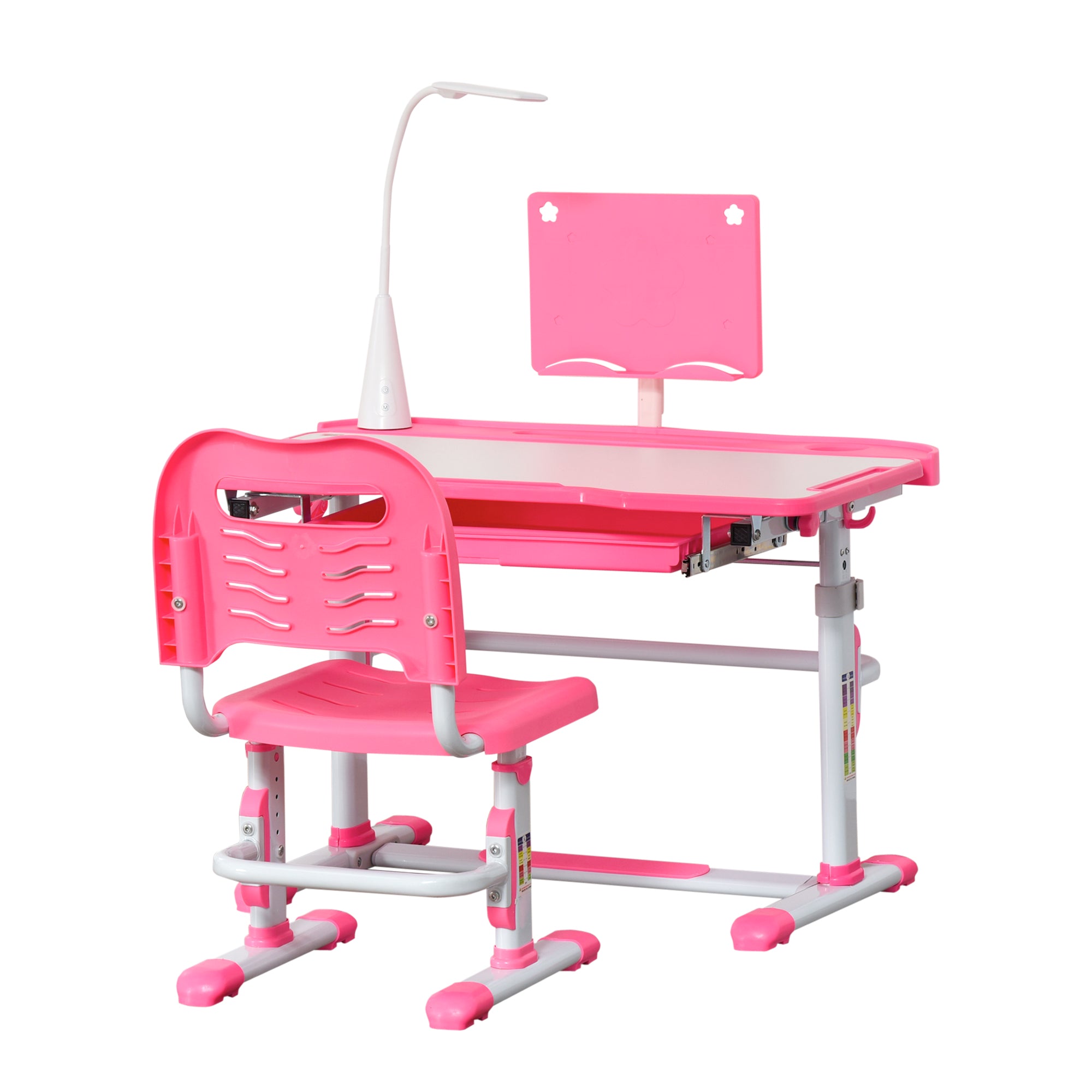 Kids Desk and Chair Set for +6 Years Old Children Adjustable Desk Tilted Table Lamp LED and Pencil Holder 80x49.5x82-104 cm and 35.5x43.5x63-73 cm Pink