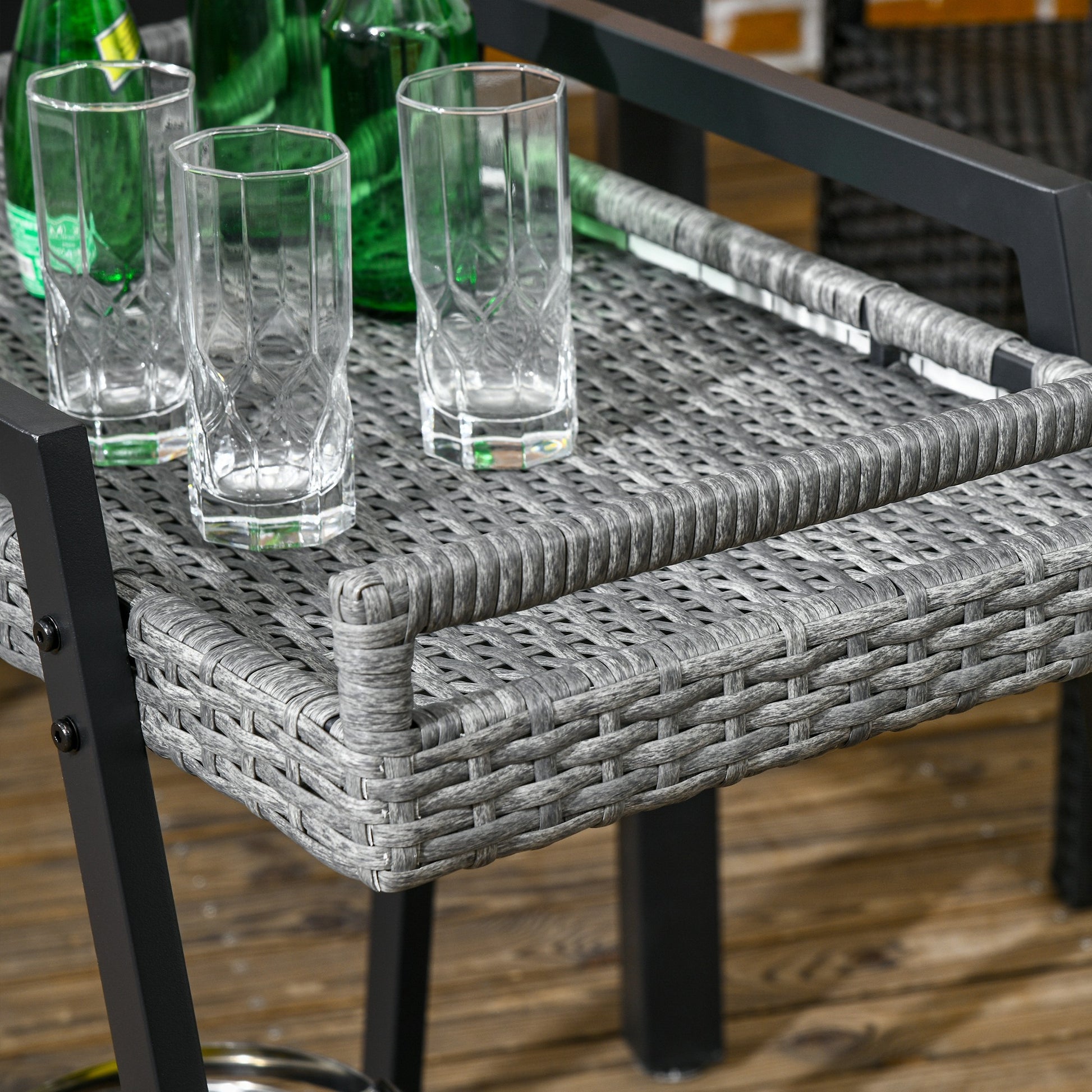 Rattan Serving Cart Trolley with Shelf, Garden Rolling Cart, Kitchen Cart with Handles, Bremen, Outdoor Bar Cart for Balcony, Steel, Grey