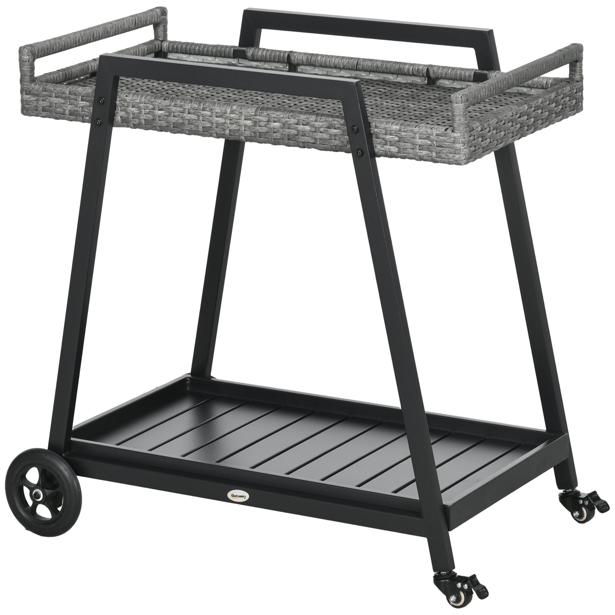Rattan Serving Cart Trolley with Shelf, Garden Rolling Cart, Kitchen Cart with Handles, Bremen, Outdoor Bar Cart for Balcony, Steel, Grey