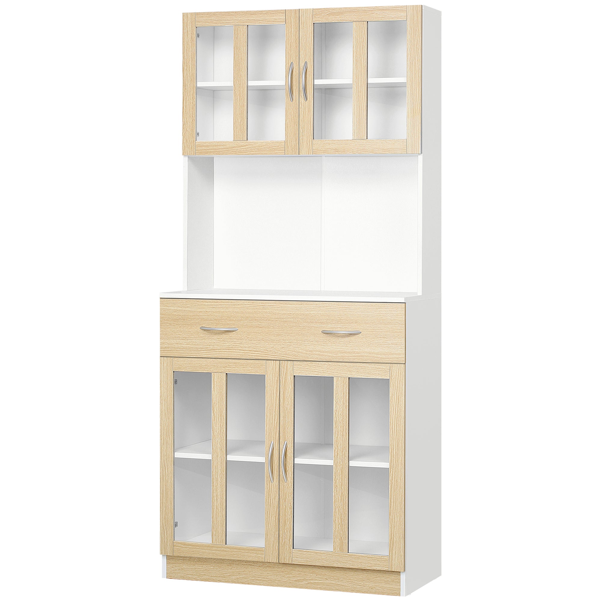 High Kitchen Buffet Kitchen Cabinet Multistorage 4 Glass Doors Showcase White Wood with Sliding Drawer Shelf Grand Plateau in White Oak Appearance