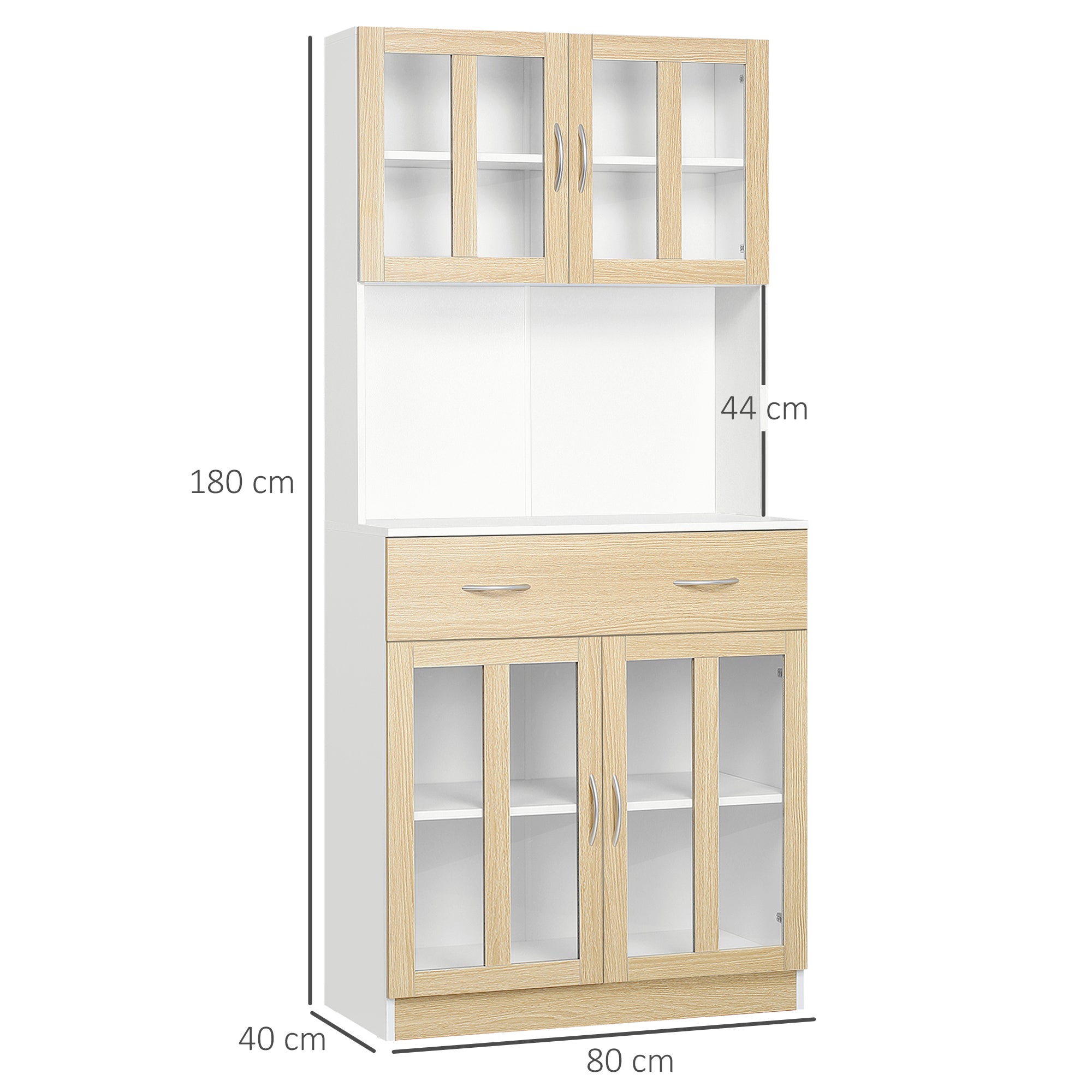 High Kitchen Buffet Kitchen Cabinet Multistorage 4 Glass Doors Showcase White Wood with Sliding Drawer Shelf Grand Plateau in White Oak Appearance