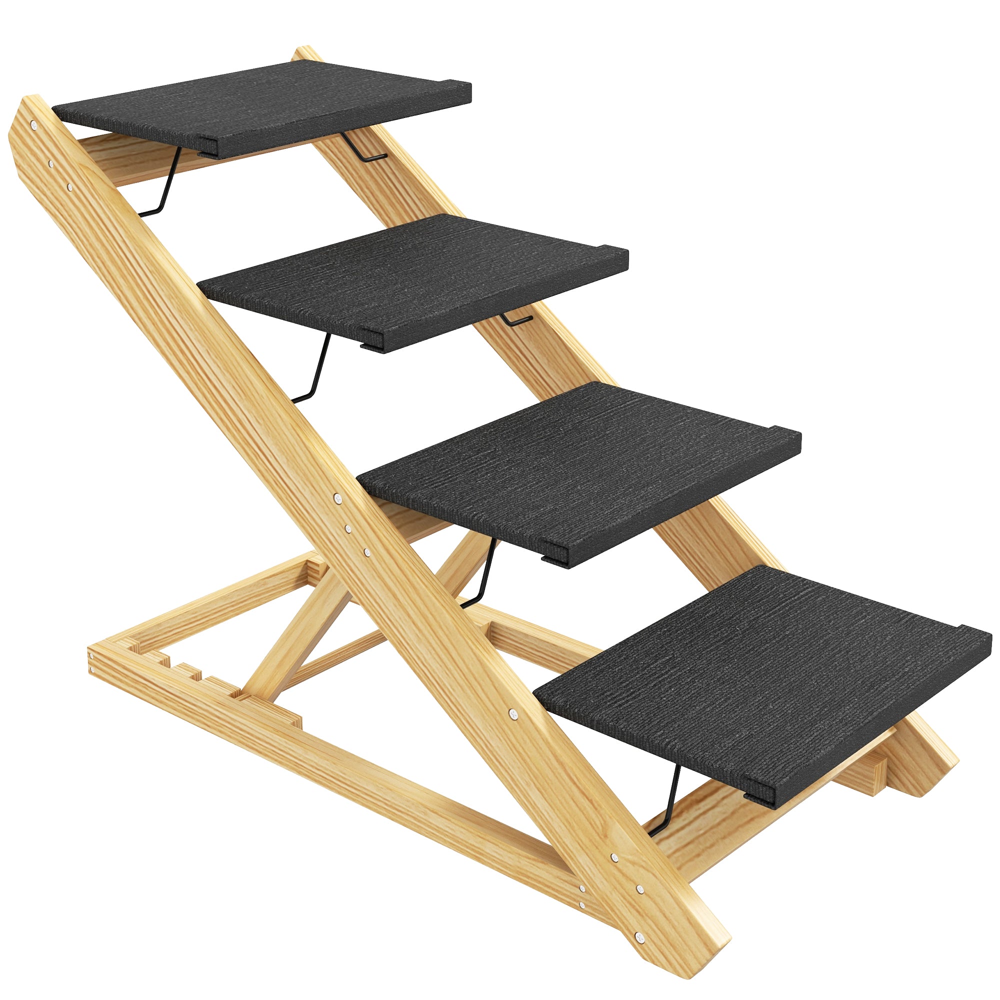 2 in 1 Dog Staircase 4 Step 62.5 cm Adjustable Height Pet Stairs Foldable Dog Ramp with Non-Slip Surface for Bed, Sofa, Large Dogs up to 40 kg, Cat, Natural Wood