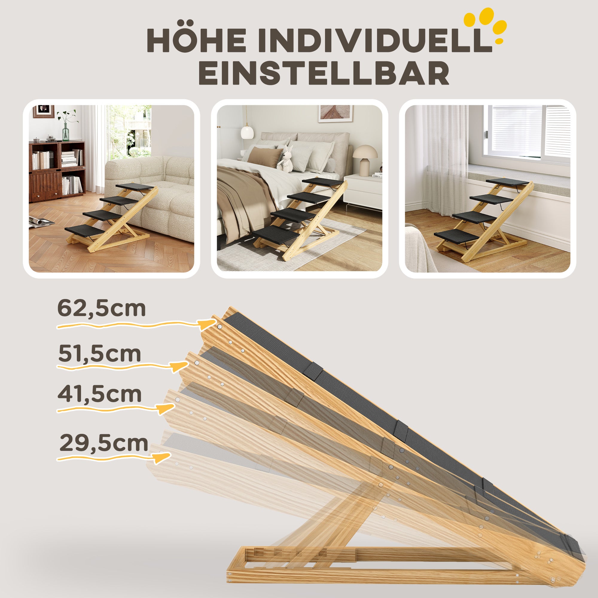 2 in 1 Dog Staircase 4 Step 62.5 cm Adjustable Height Pet Stairs Foldable Dog Ramp with Non-Slip Surface for Bed, Sofa, Large Dogs up to 40 kg, Cat, Natural Wood