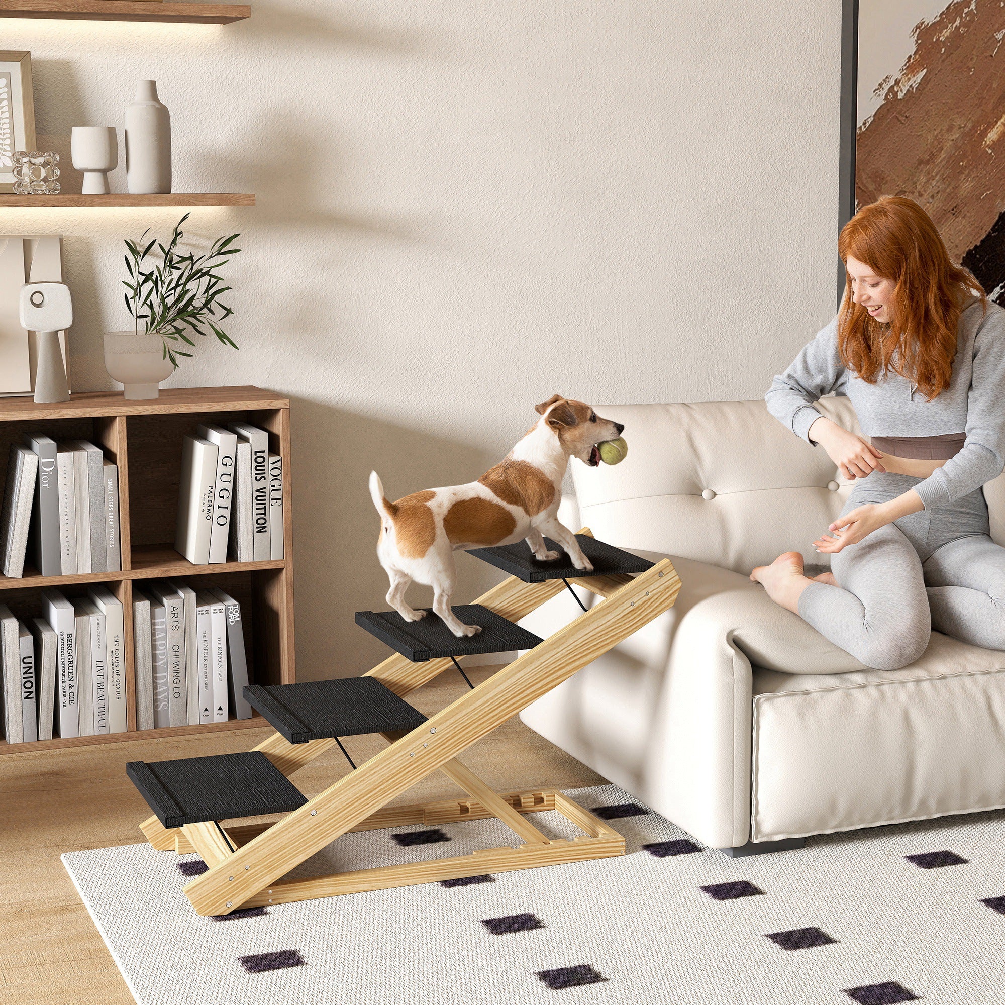 2 in 1 Dog Staircase 4 Step 62.5 cm Adjustable Height Pet Stairs Foldable Dog Ramp with Non-Slip Surface for Bed, Sofa, Large Dogs up to 40 kg, Cat, Natural Wood