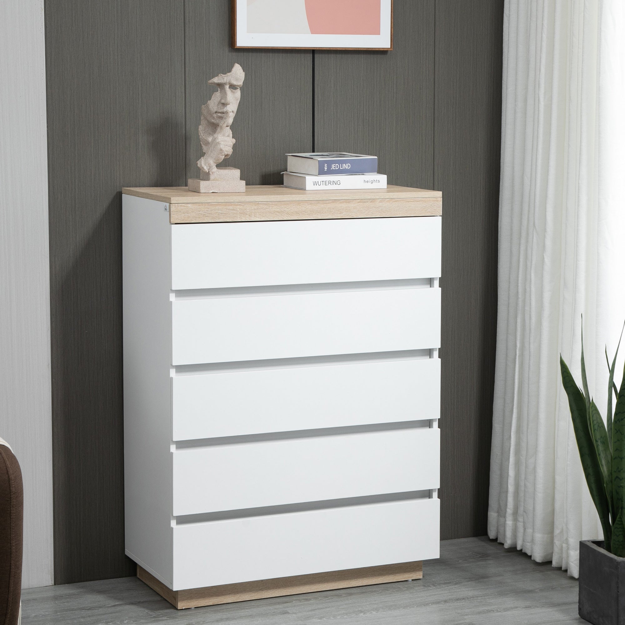 5-Drawer Wooden Chest of Drawers, Bedroom Chest of Drawers with Anti-Tip Device, 80x40x109 cm, White and Oak