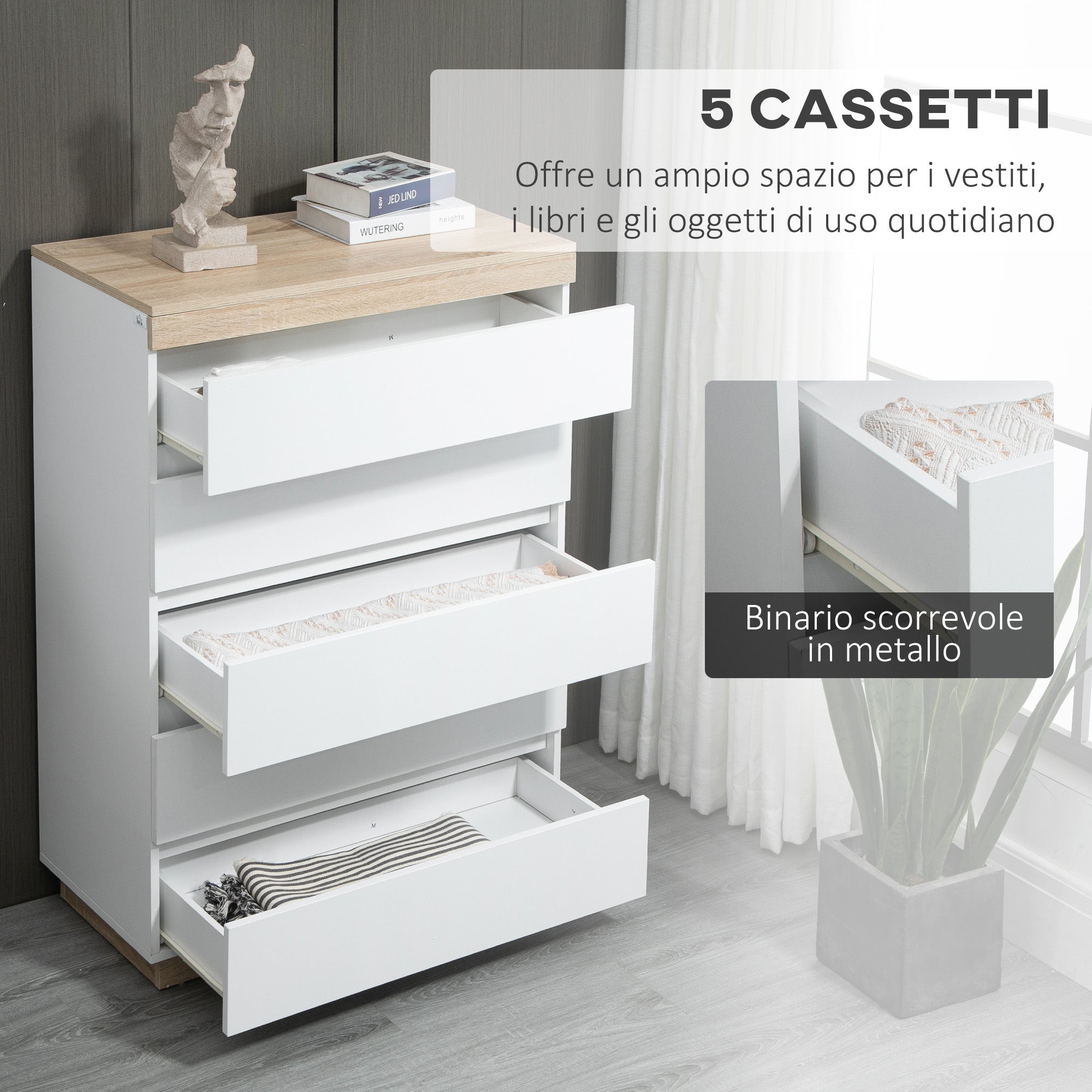 5-Drawer Wooden Chest of Drawers, Bedroom Chest of Drawers with Anti-Tip Device, 80x40x109 cm, White and Oak