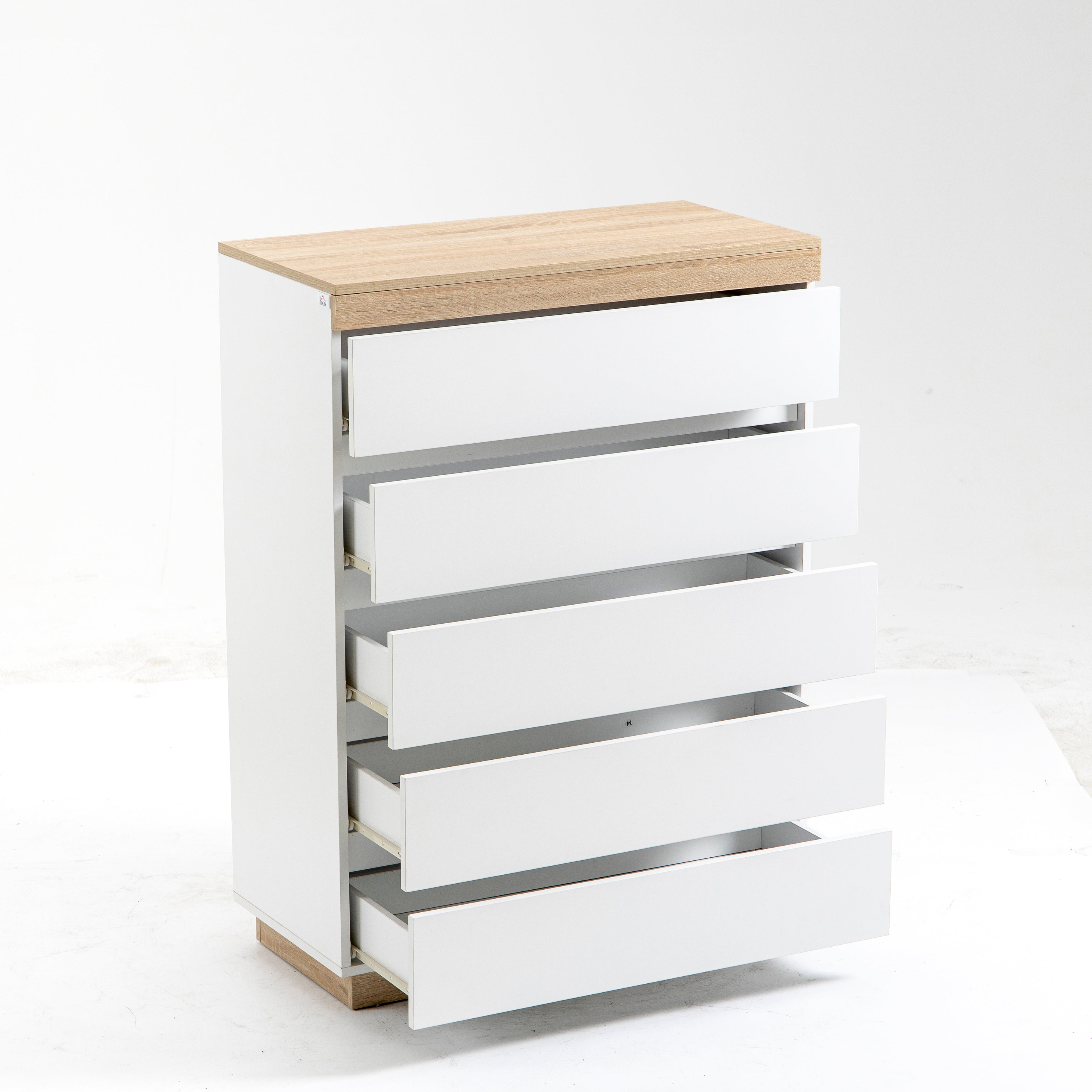 5-Drawer Wooden Chest of Drawers, Bedroom Chest of Drawers with Anti-Tip Device, 80x40x109 cm, White and Oak