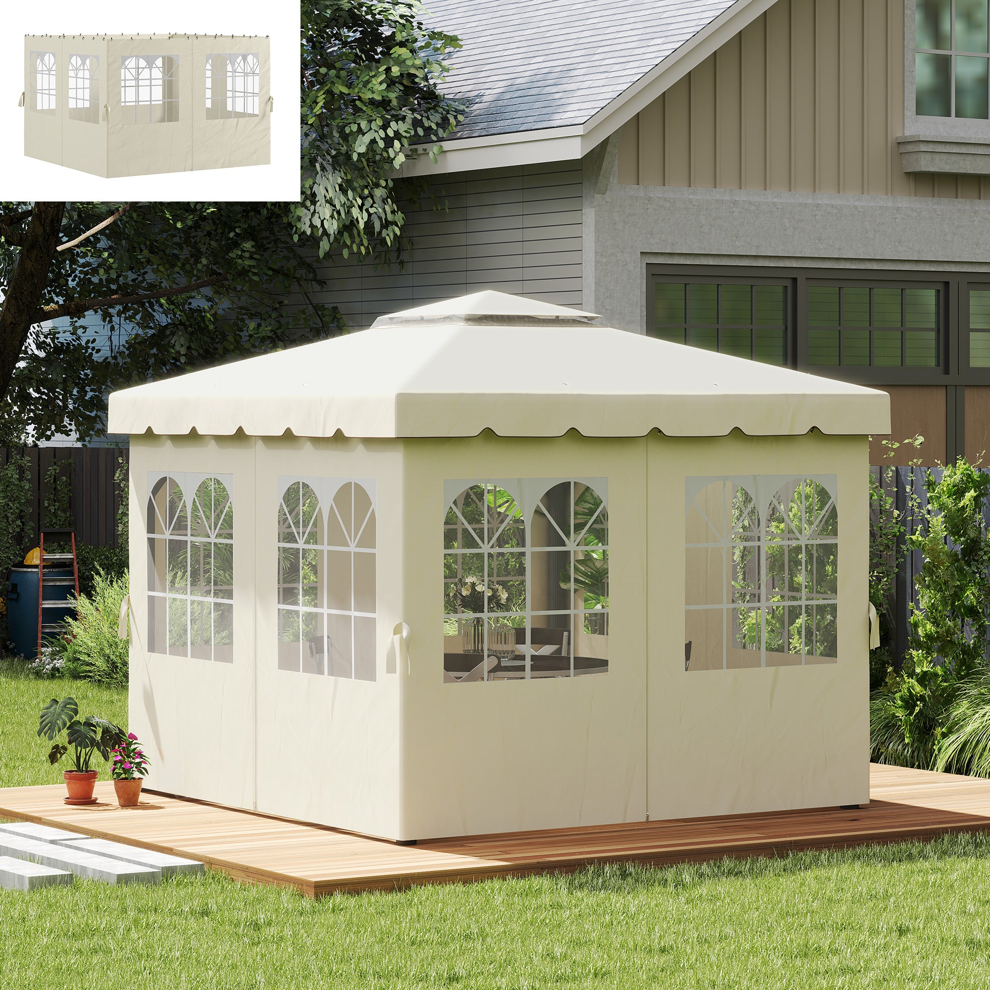 4 Side Walls for Gazebo 3x3m Canopy Walls with Hooks 8 Windows UV Protection Replacement Side for Outdoor Garden Party Cream