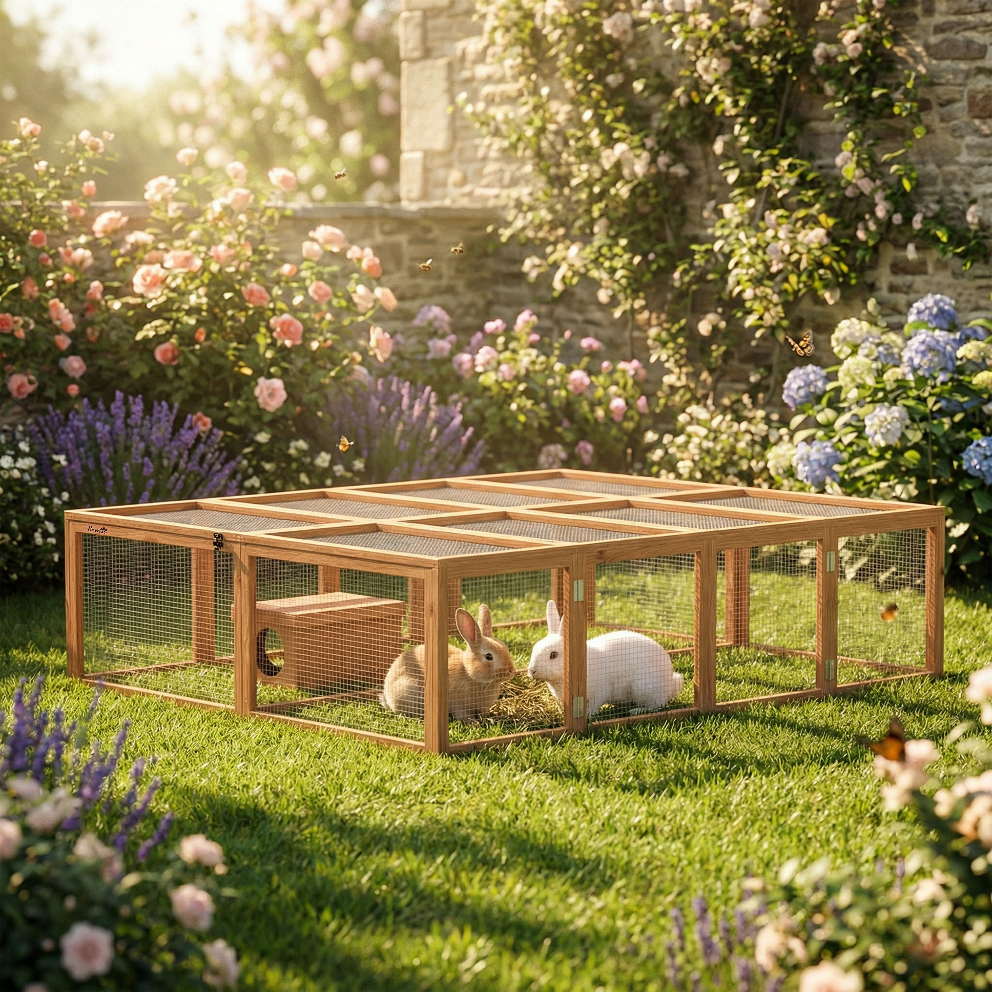 Wooden Rabbit Hutch & Run with Shelter, 71 x 59 x 19 in, 2 Doors — Orange