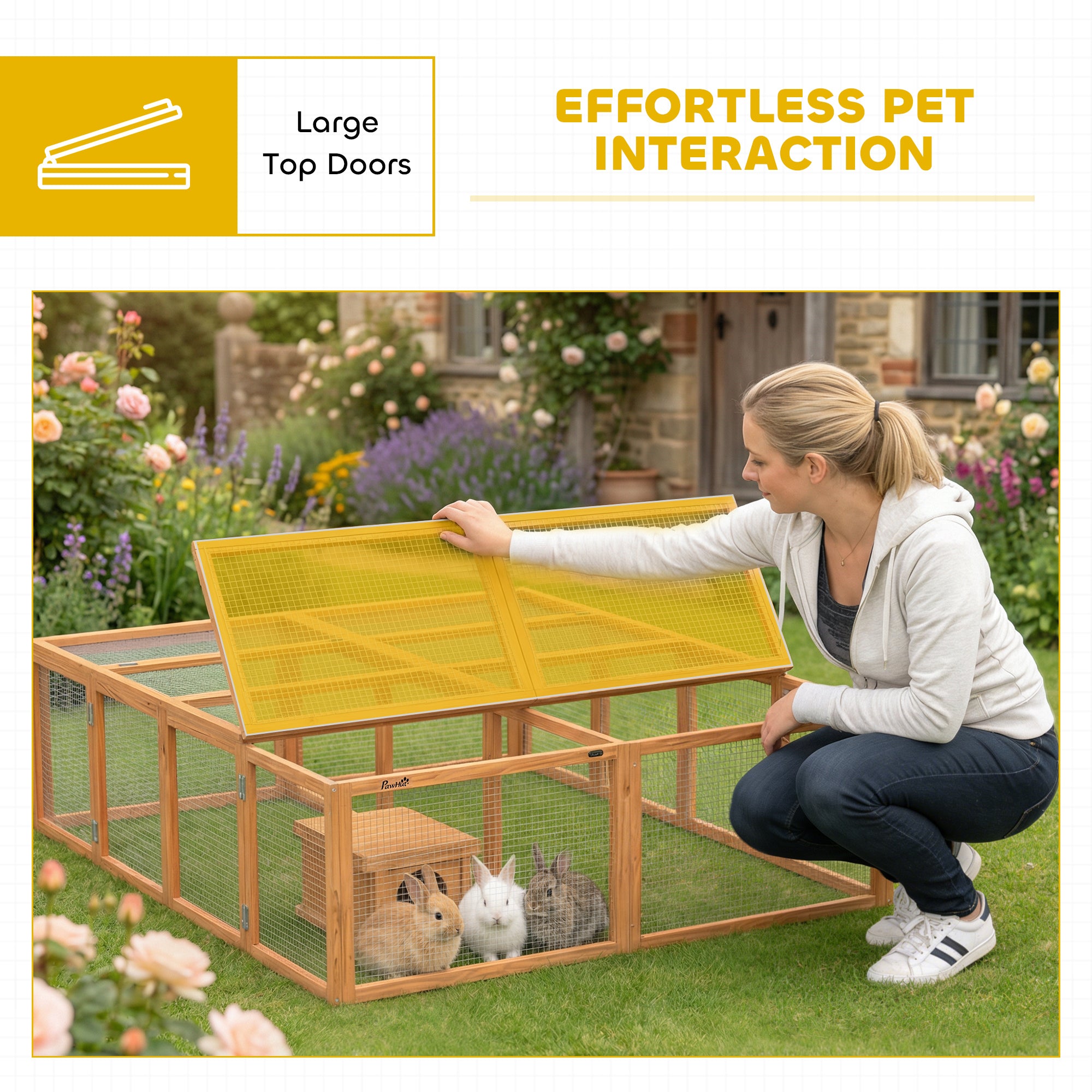 Wooden Rabbit Hutch & Run with Shelter, 71 x 59 x 19 in, 2 Doors — Orange