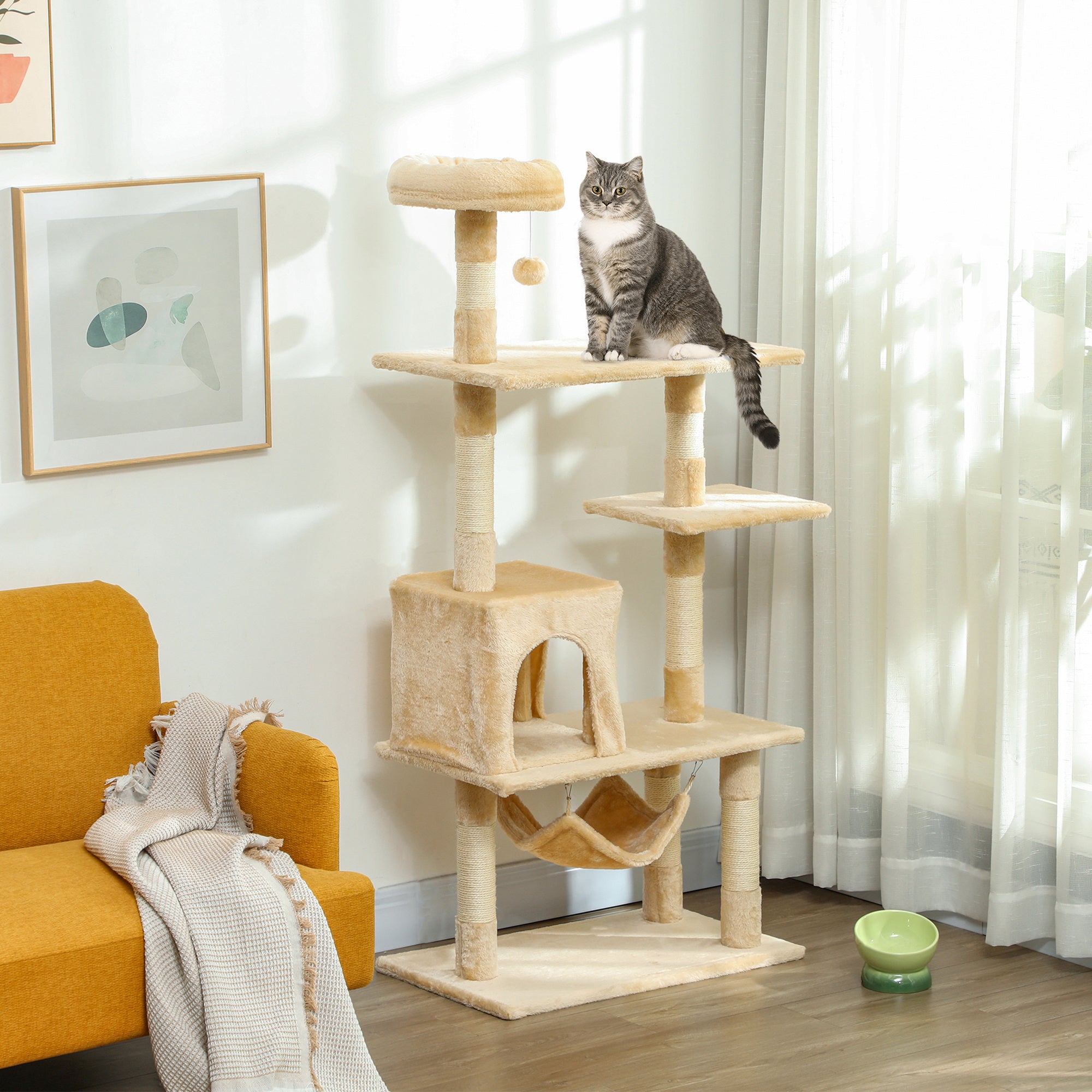 Large Cat Scratching Tree 70x40x152 cm Cat Tower with Multiple Platforms Hanging Toy Spacious Cave Soft Hammock Posts for Cats to Sleep and Play Beige