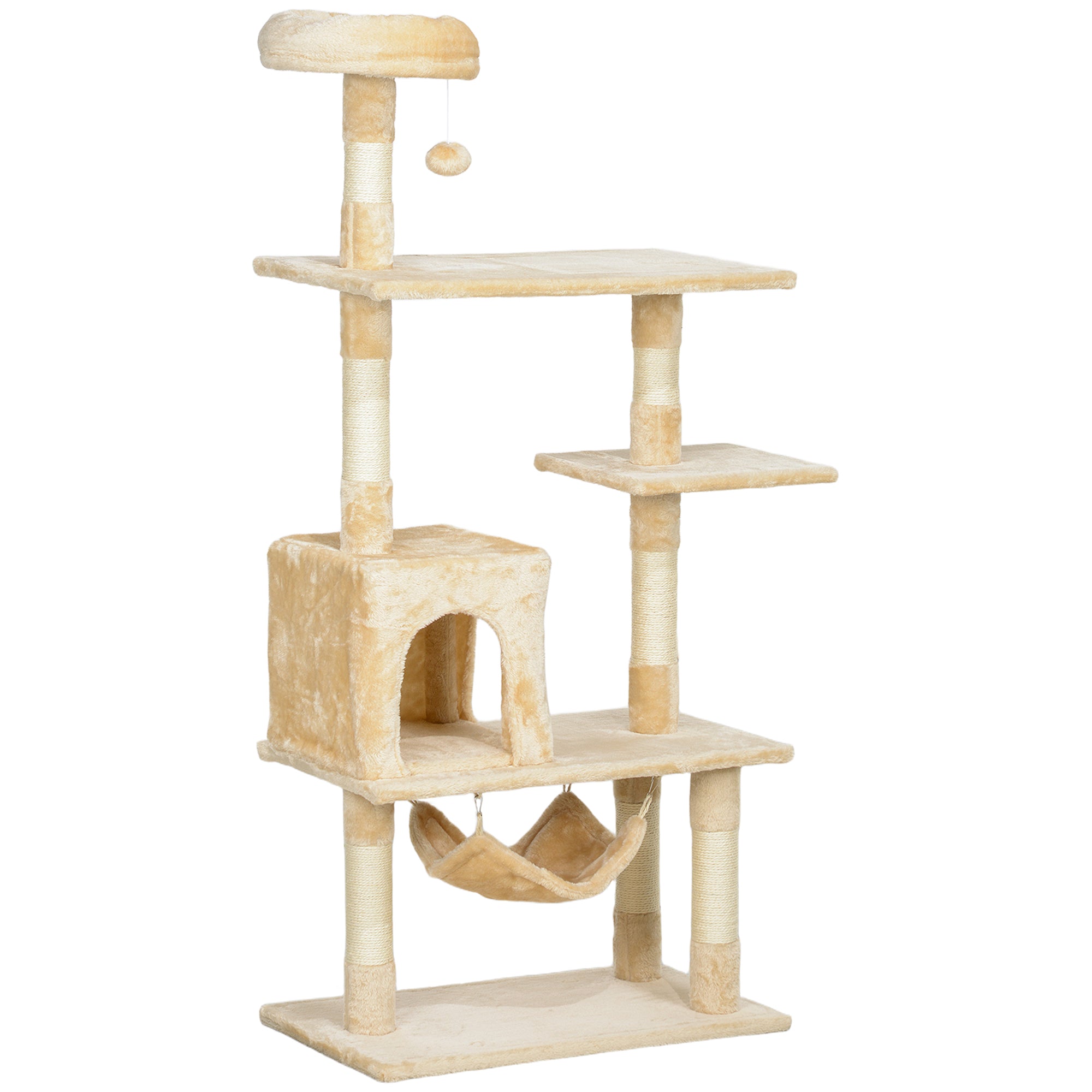 Large Cat Scratching Tree 70x40x152 cm Cat Tower with Multiple Platforms Hanging Toy Spacious Cave Soft Hammock Posts for Cats to Sleep and Play Beige