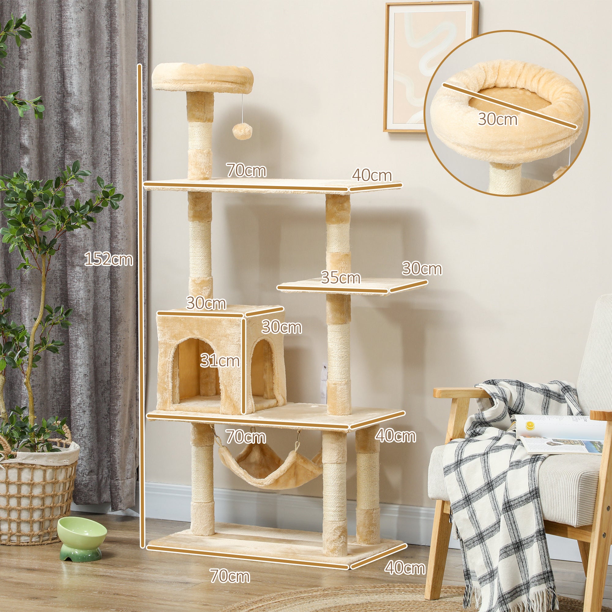 Large Cat Scratching Tree 70x40x152 cm Cat Tower with Multiple Platforms Hanging Toy Spacious Cave Soft Hammock Posts for Cats to Sleep and Play Beige