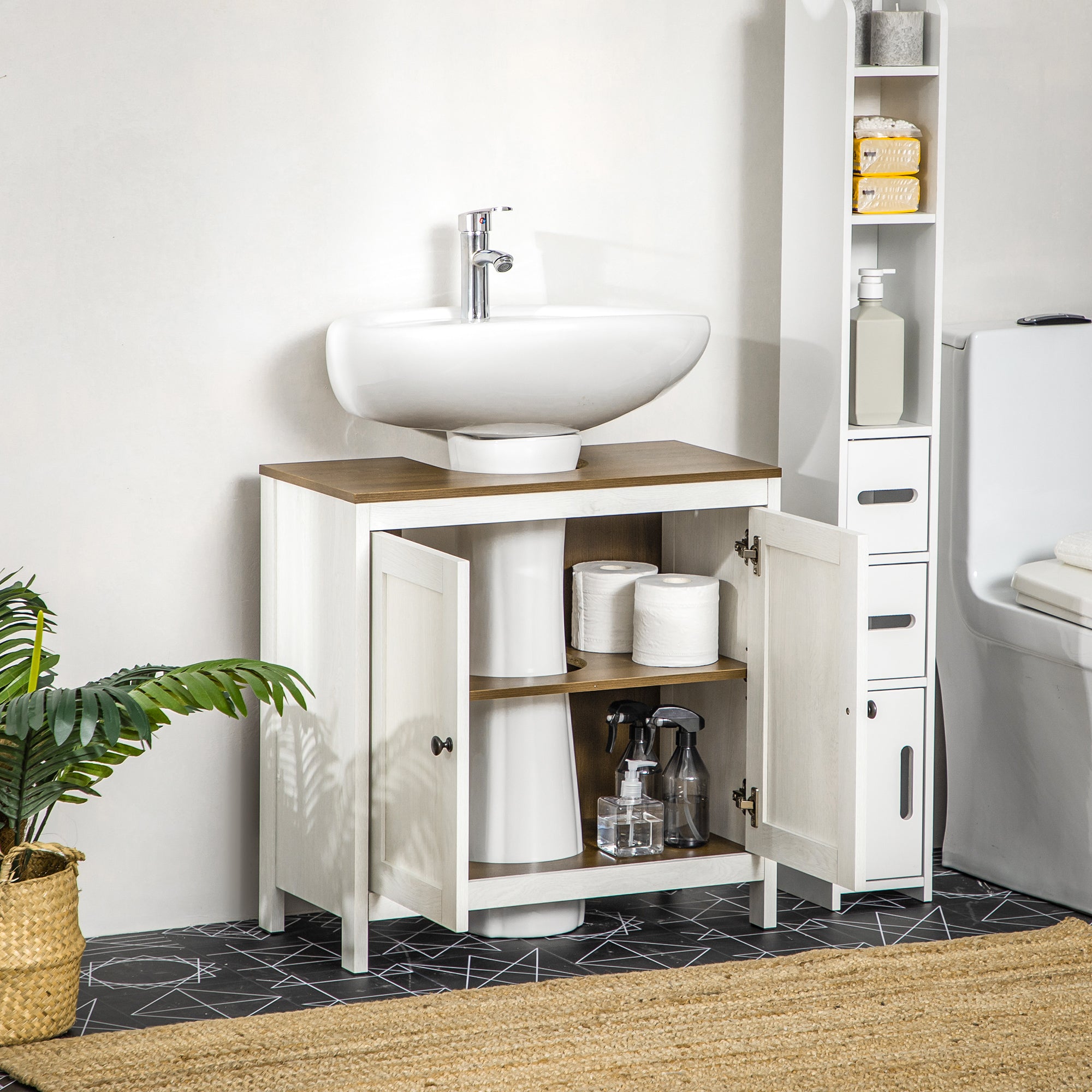 Under Sink Bathroom Cabinet Wooden Vanity Unit with 2 Doors and Adjustable Shelf Modern 60x30x60 cm White
