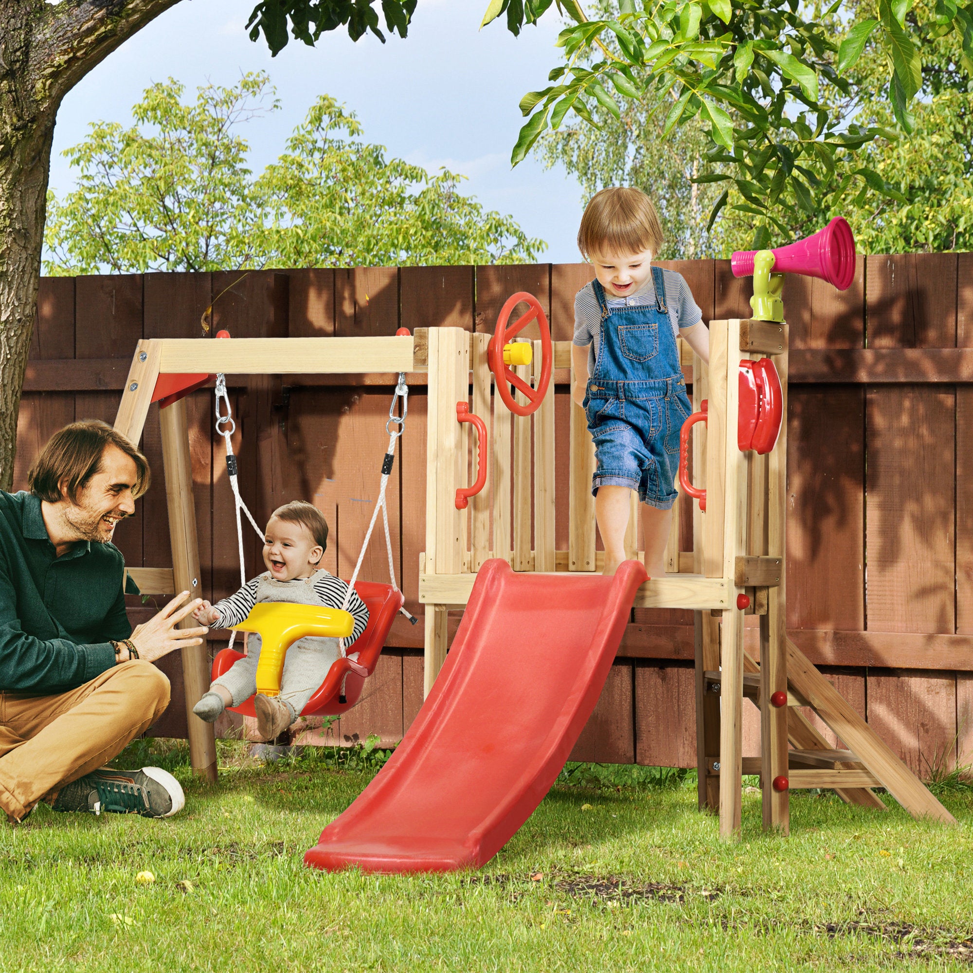 4-in-1 Wooden Swing and Slide Set for Kids aged 18-48 Months Playground with Swing Slide Steering Wheel Horn Phone for Yard Lawn 170x200x118 cm Red and Natural