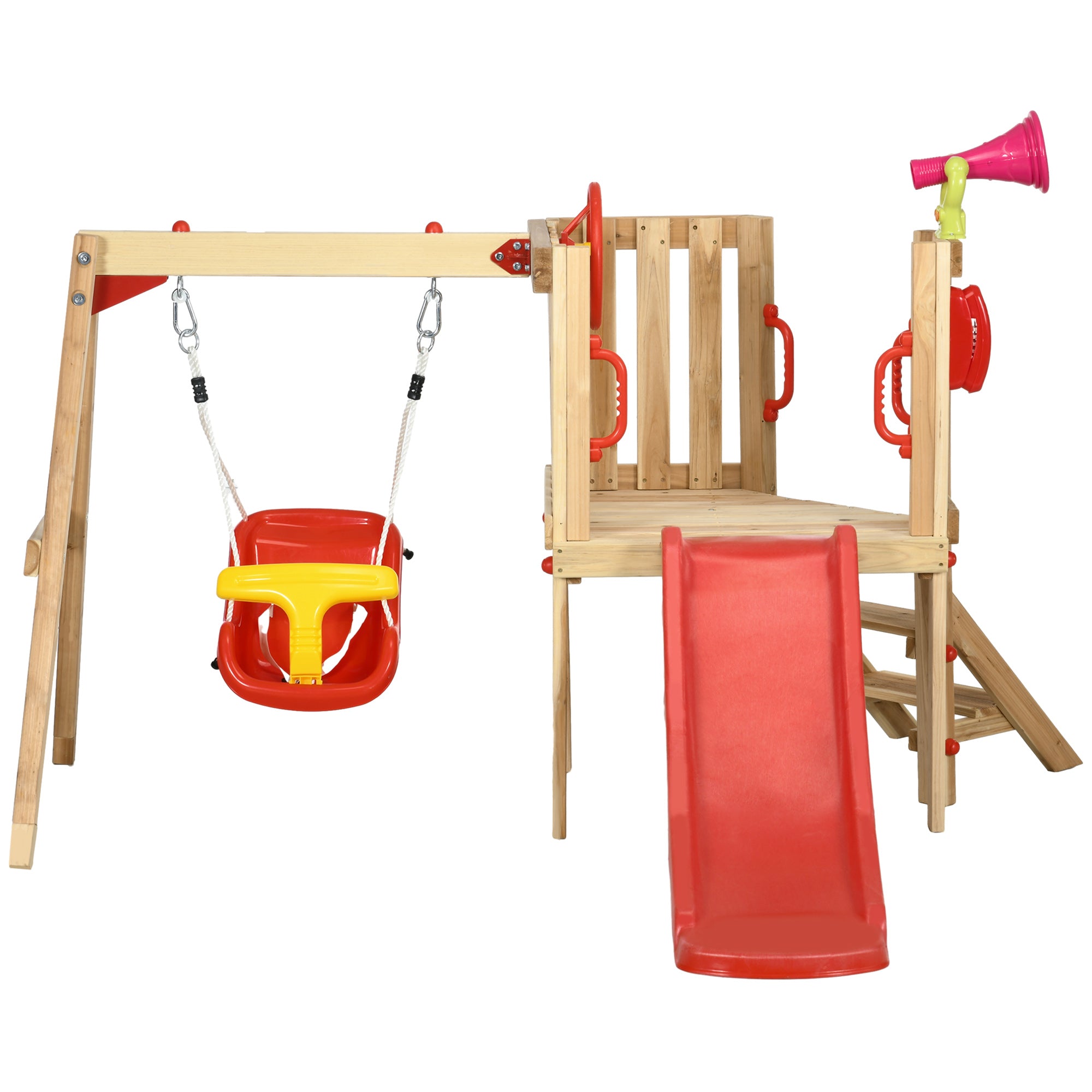4-in-1 Wooden Swing and Slide Set for Kids aged 18-48 Months Playground with Swing Slide Steering Wheel Horn Phone for Yard Lawn 170x200x118 cm Red and Natural