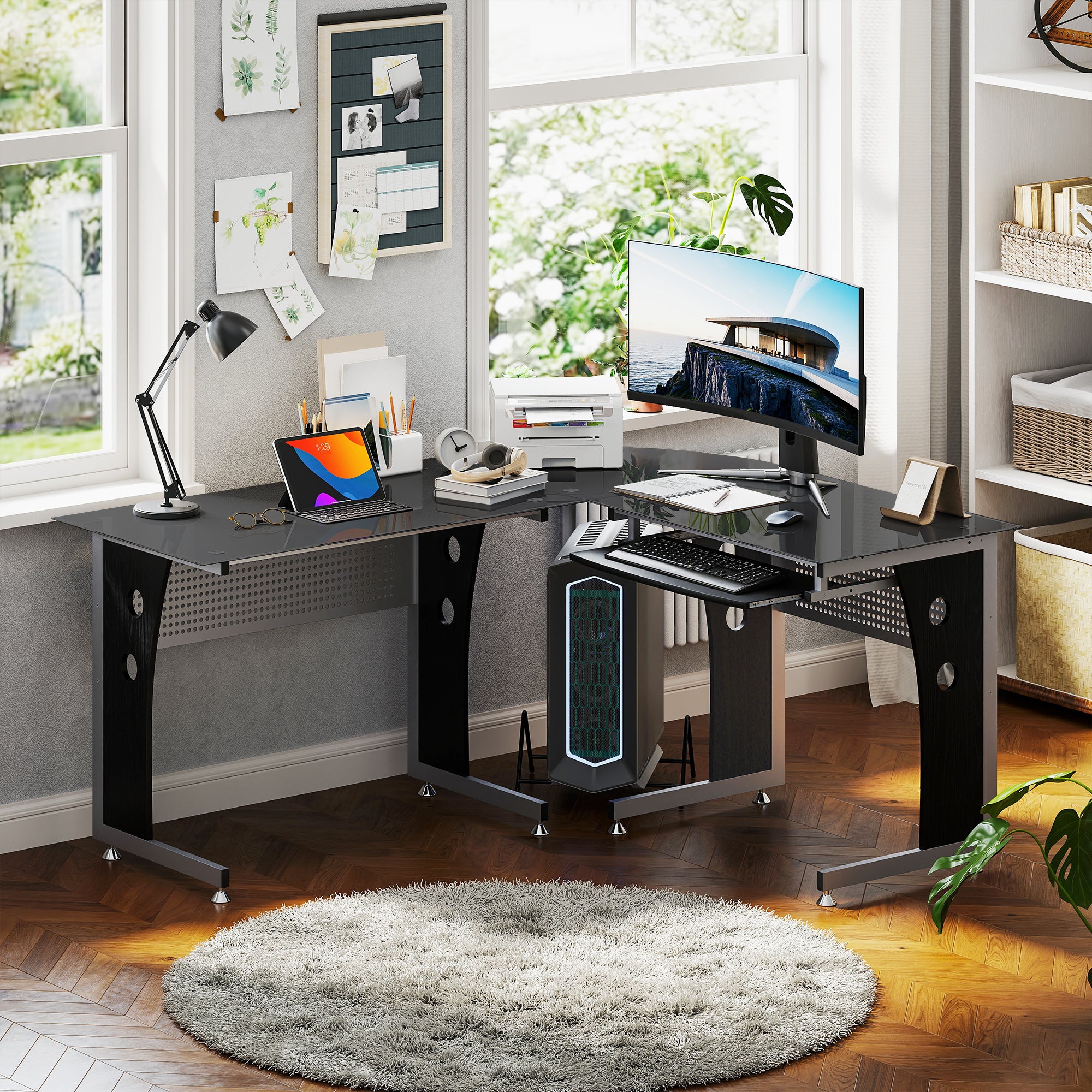 Computer Desk Corner Desk Office Desk PC Desk with Black Safety Glass L-shaped 164x139x75 cm