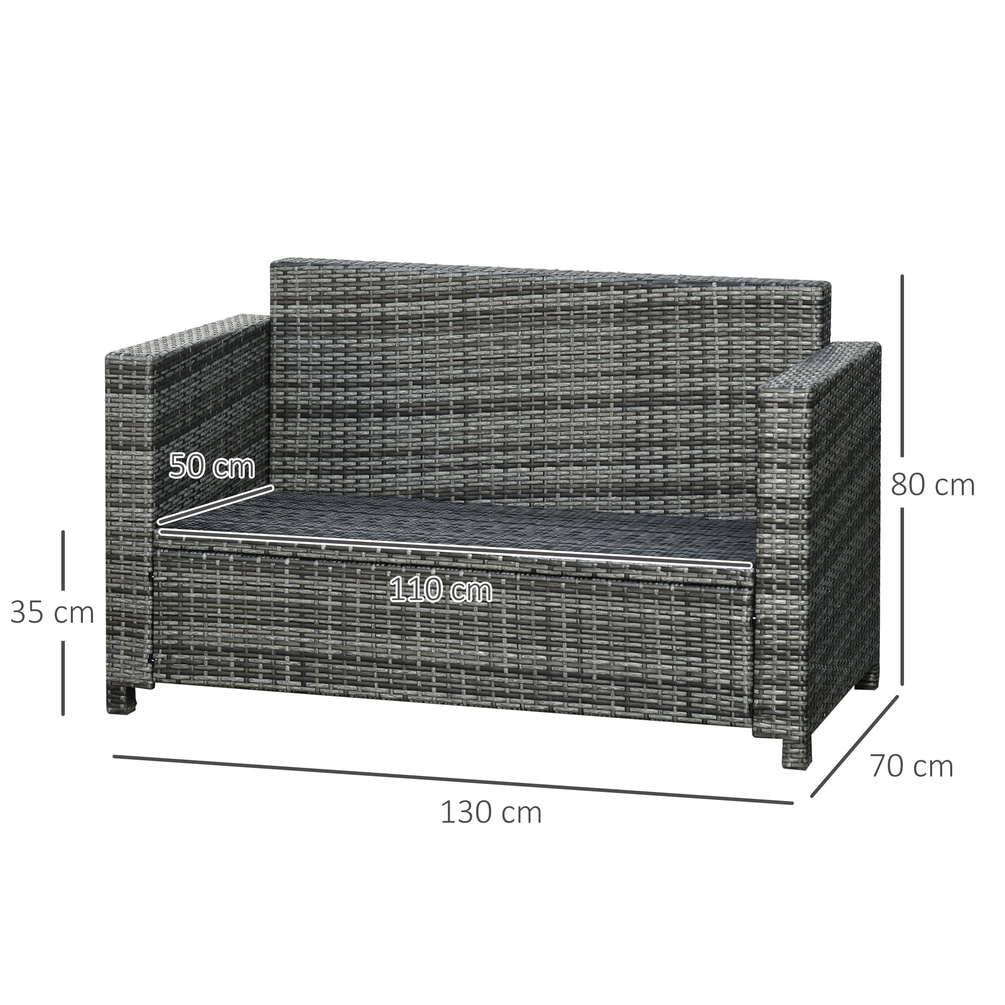 Poly-Rattan Sofa with Cushions 2-Seater Garden Lounge Sofa Metal Polyester Gray 130 x 70 x 80 cm