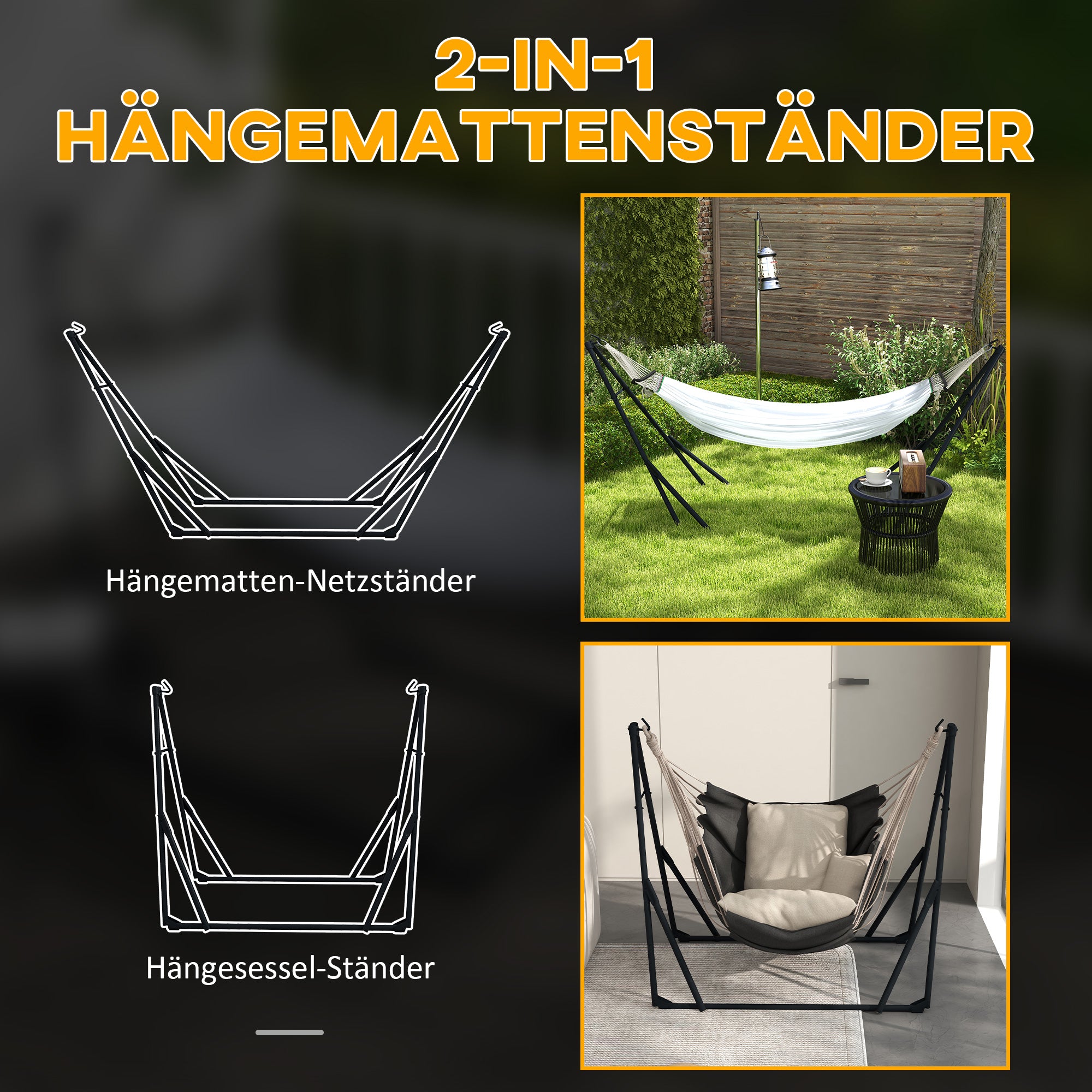 Hammock Stand, Hanging Chair Stand, Hammock Stand with Hammock, Carrying Bag, up to 120kg Capacity, Steel, 263 x 89 x 100 cm, Black