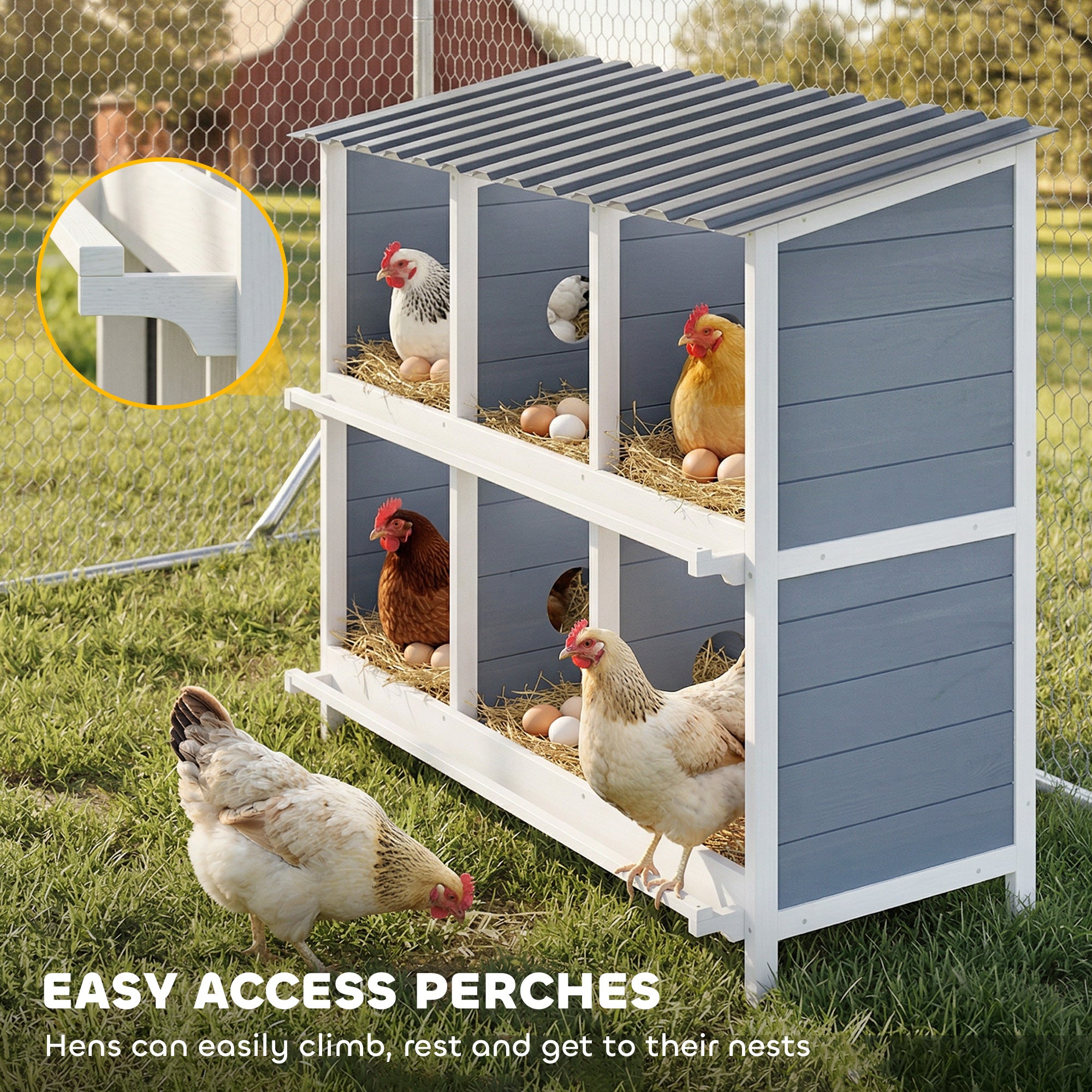 Elevated Wooden Nesting Box for Chickens — 6 Compartments & 4 Perches, 40.2×19.7×35.8 in, Gray