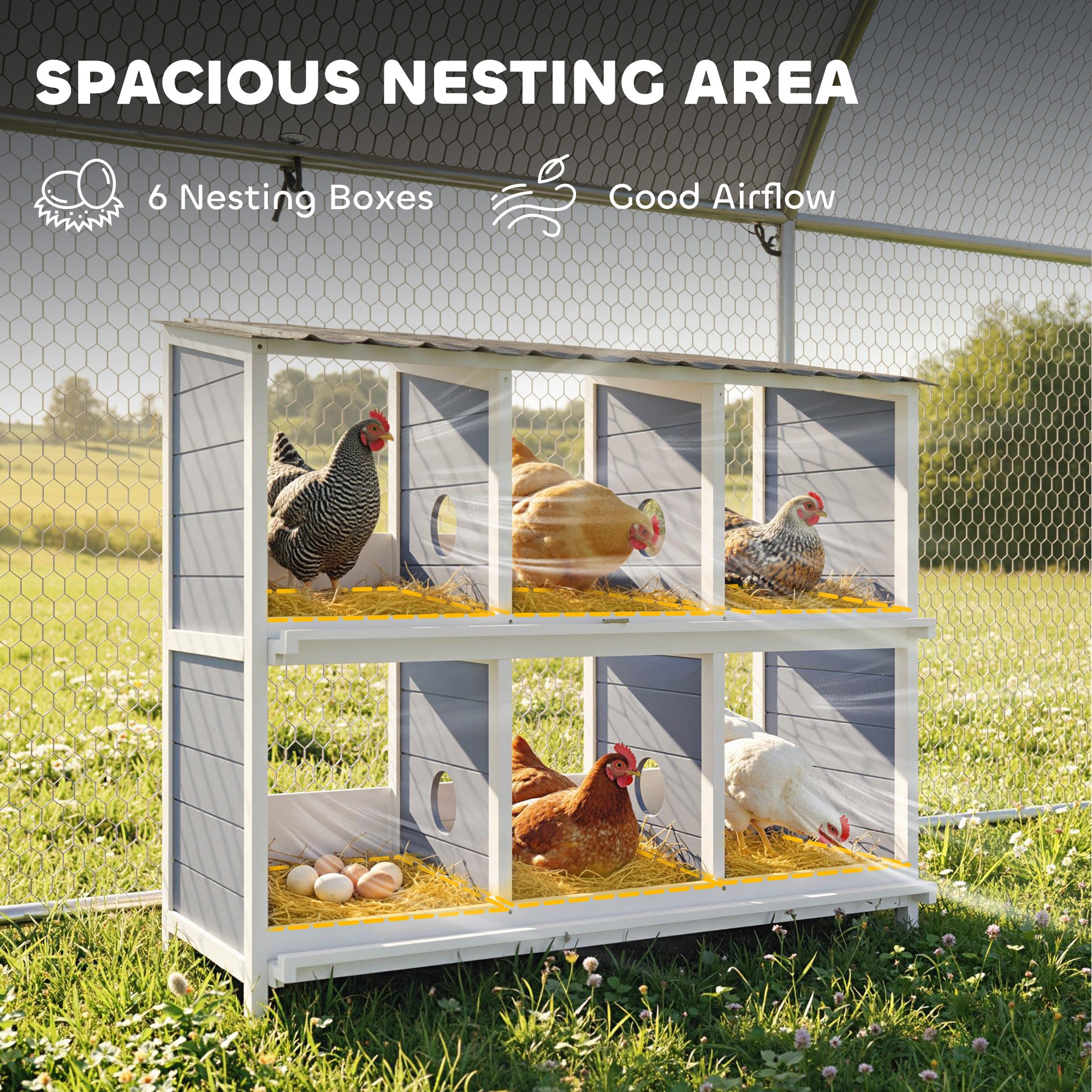 Elevated Wooden Nesting Box for Chickens — 6 Compartments & 4 Perches, 40.2×19.7×35.8 in, Gray