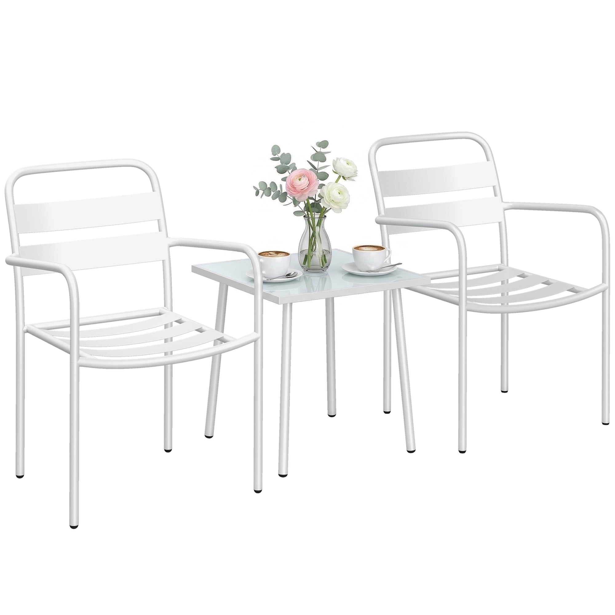 3-Piece Outdoor Garden Bistro Set – Galvanized Steel with 2 Chairs & Tempered Glass Table, Weather-Resistant, White
