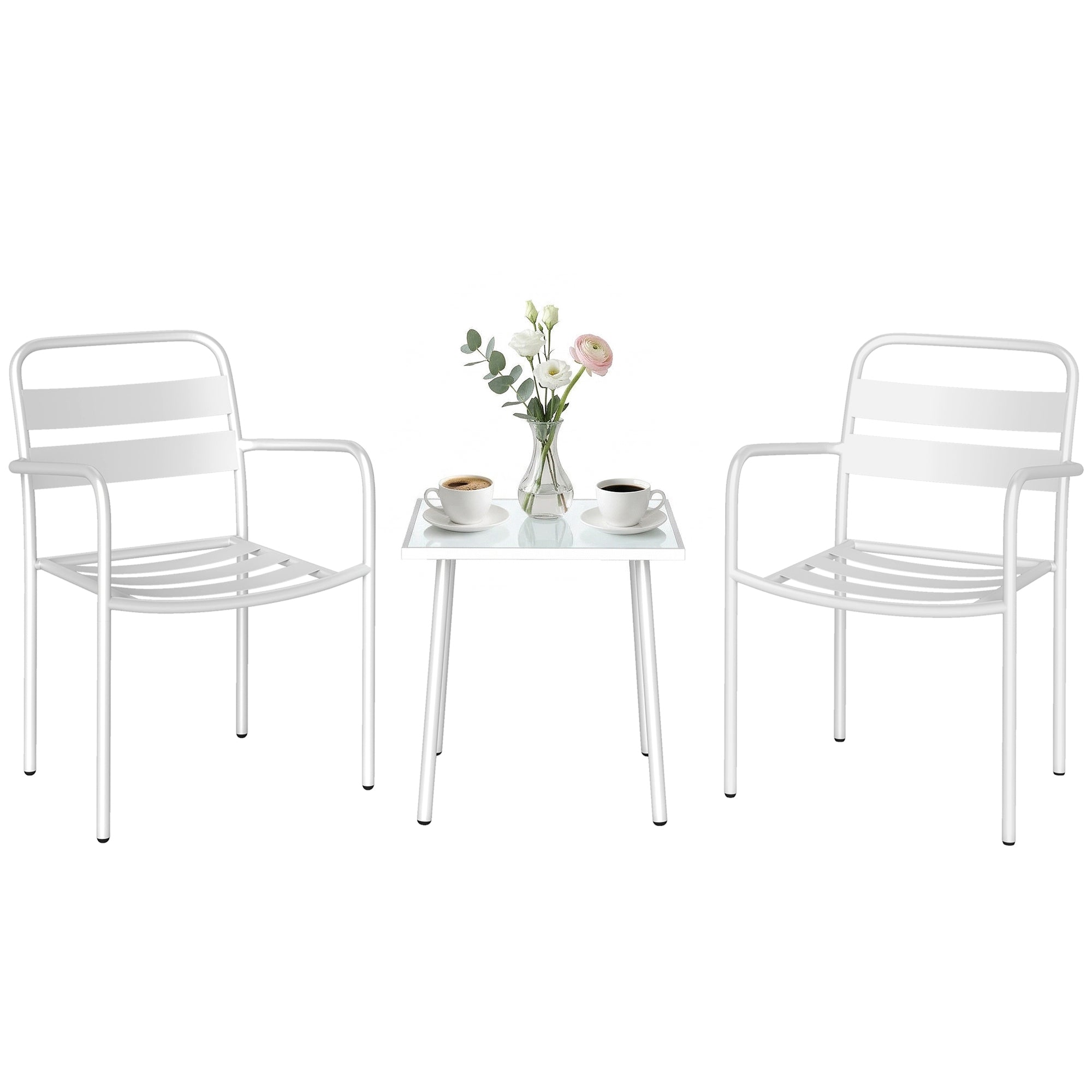 3-Piece Outdoor Garden Bistro Set – Galvanized Steel with 2 Chairs & Tempered Glass Table, Weather-Resistant, White