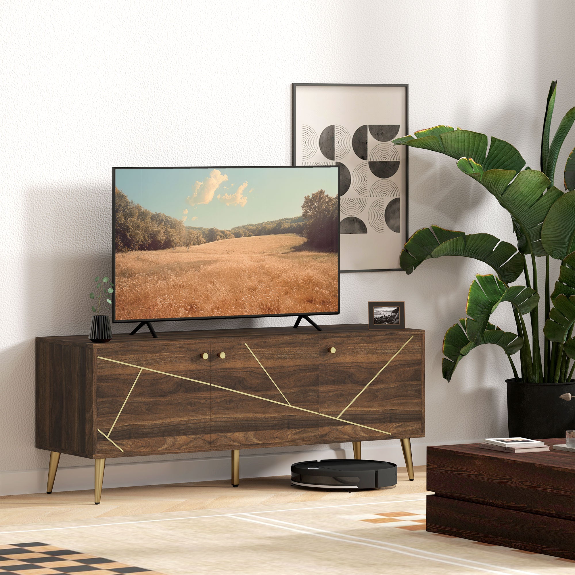 TV stand wooden TV unit for TVs up to 60 inches with cupboards adjustable shelves golden steel legs for living room bedroom, 130 x 40 x 52 cm brown