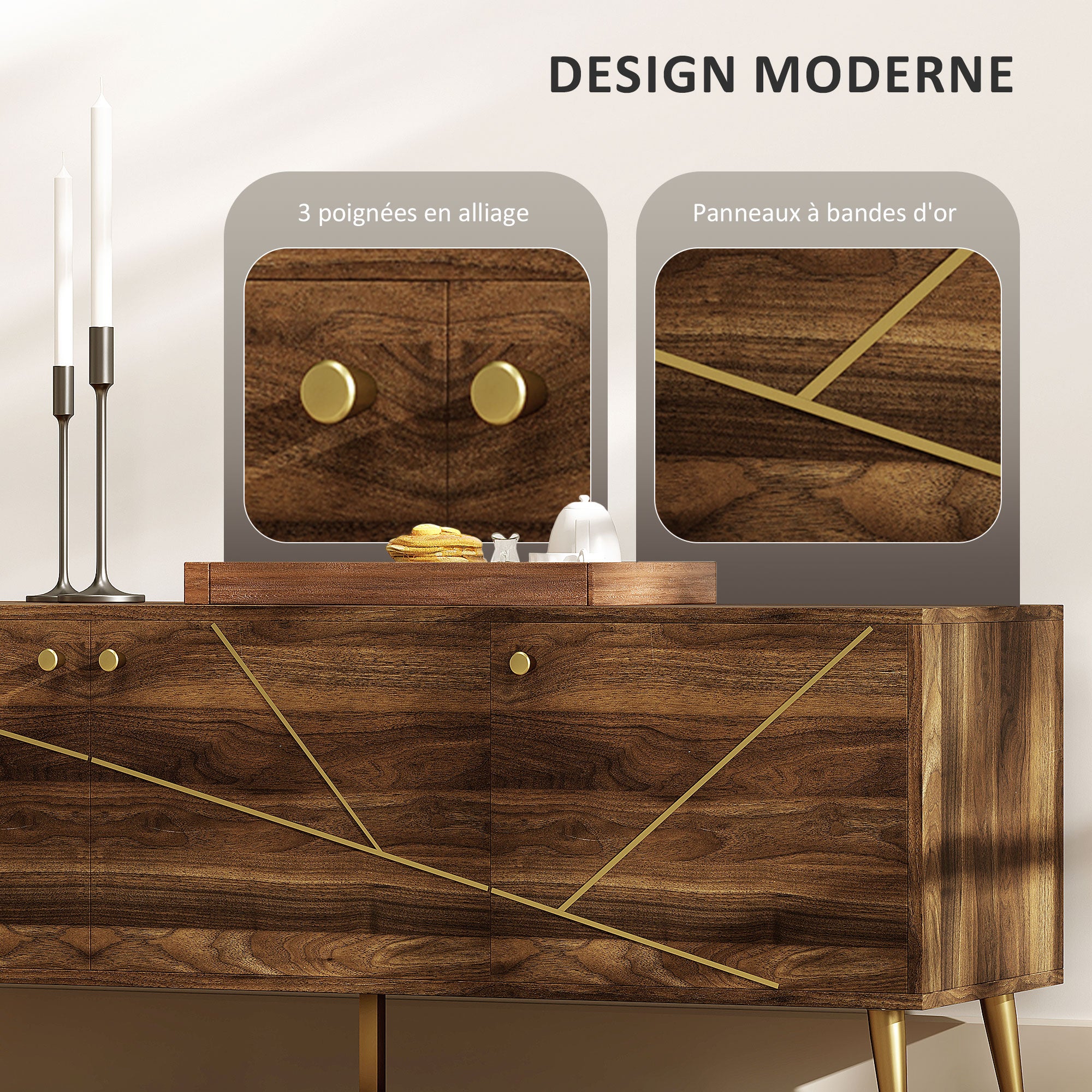 TV stand wooden TV unit for TVs up to 60 inches with cupboards adjustable shelves golden steel legs for living room bedroom, 130 x 40 x 52 cm brown