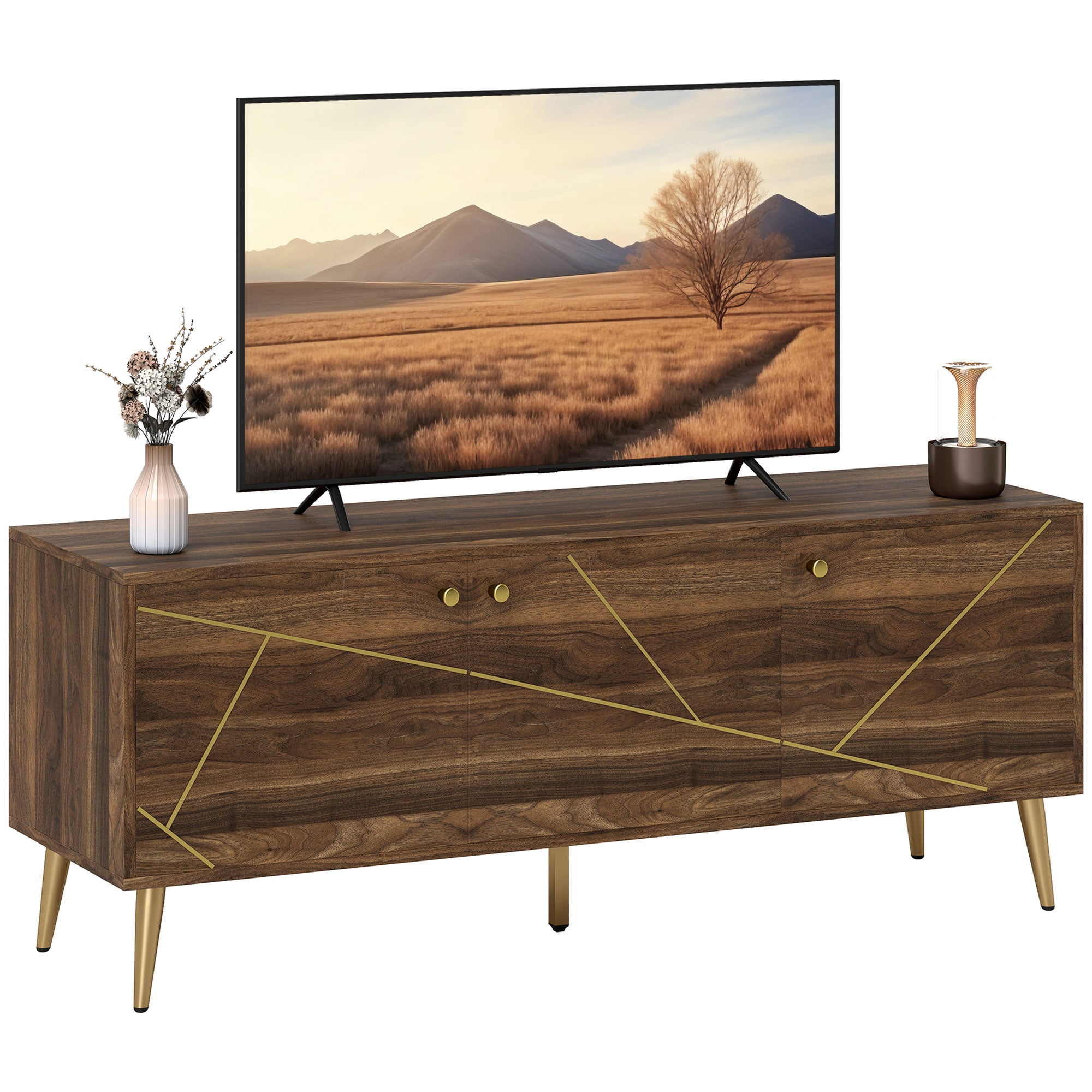 TV stand wooden TV unit for TVs up to 60 inches with cupboards adjustable shelves golden steel legs for living room bedroom, 130 x 40 x 52 cm brown