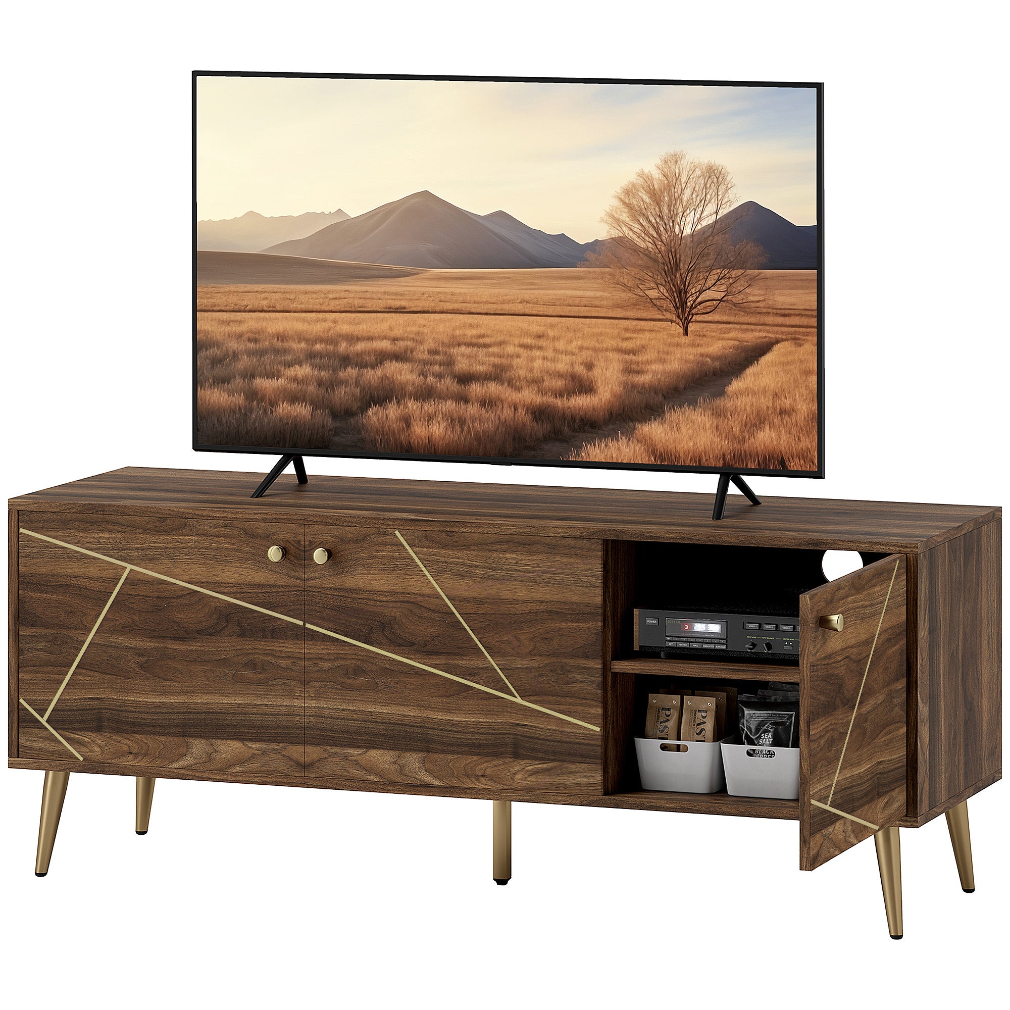 TV stand wooden TV unit for TVs up to 60 inches with cupboards adjustable shelves golden steel legs for living room bedroom, 130 x 40 x 52 cm brown