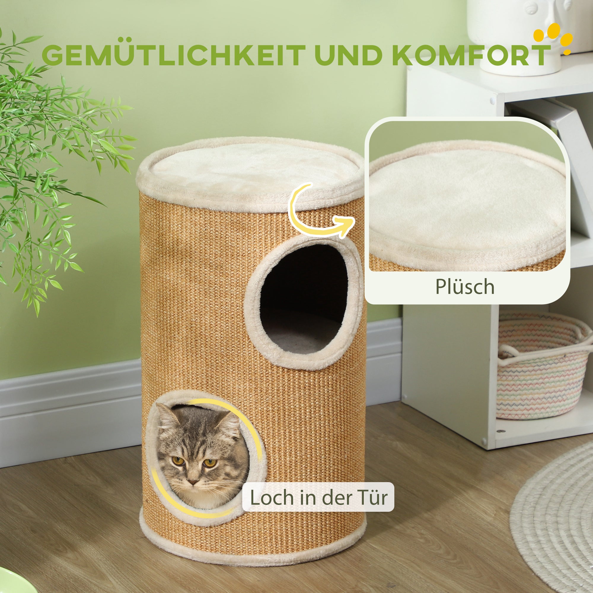 Scratching Barrel, 60 cm High Cat Barrel with 2 Caves, Scratching Post, Cat Tower made of Sisal, for Cat up to 5 kg, Brown