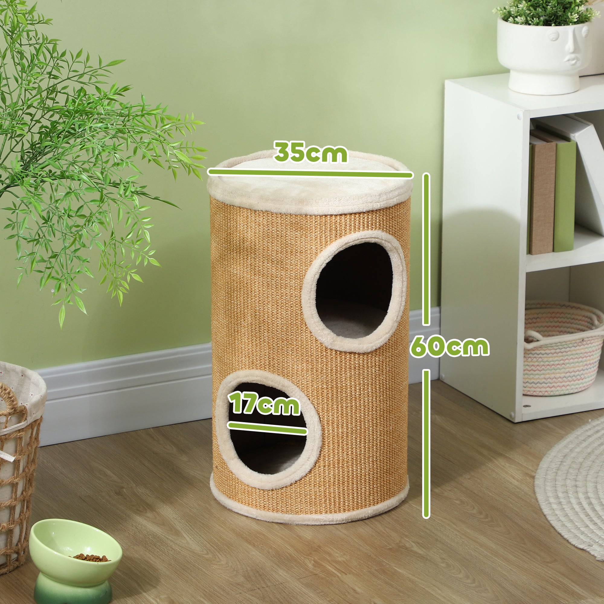 Scratching Barrel, 60 cm High Cat Barrel with 2 Caves, Scratching Post, Cat Tower made of Sisal, for Cat up to 5 kg, Brown