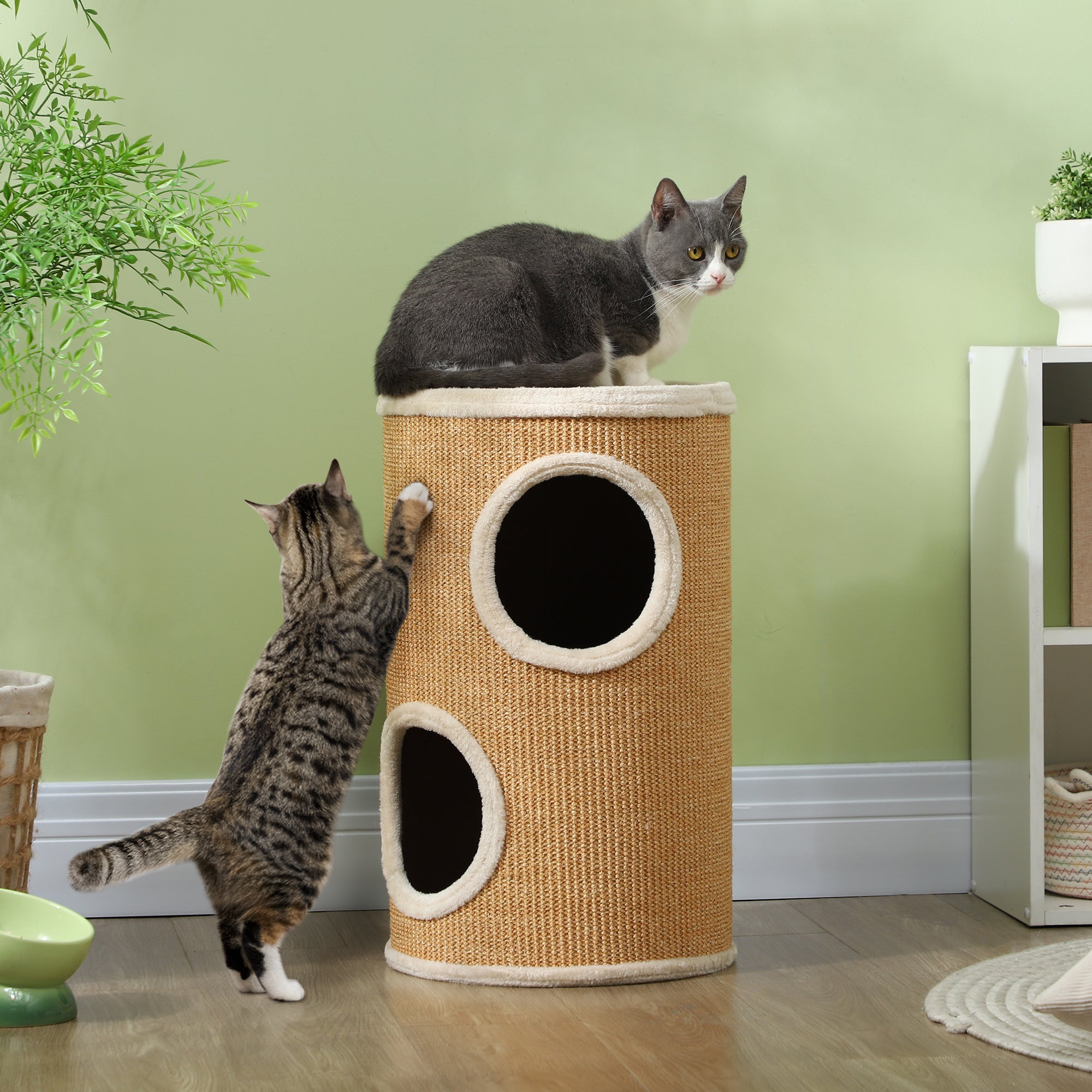 Scratching Barrel, 60 cm High Cat Barrel with 2 Caves, Scratching Post, Cat Tower made of Sisal, for Cat up to 5 kg, Brown