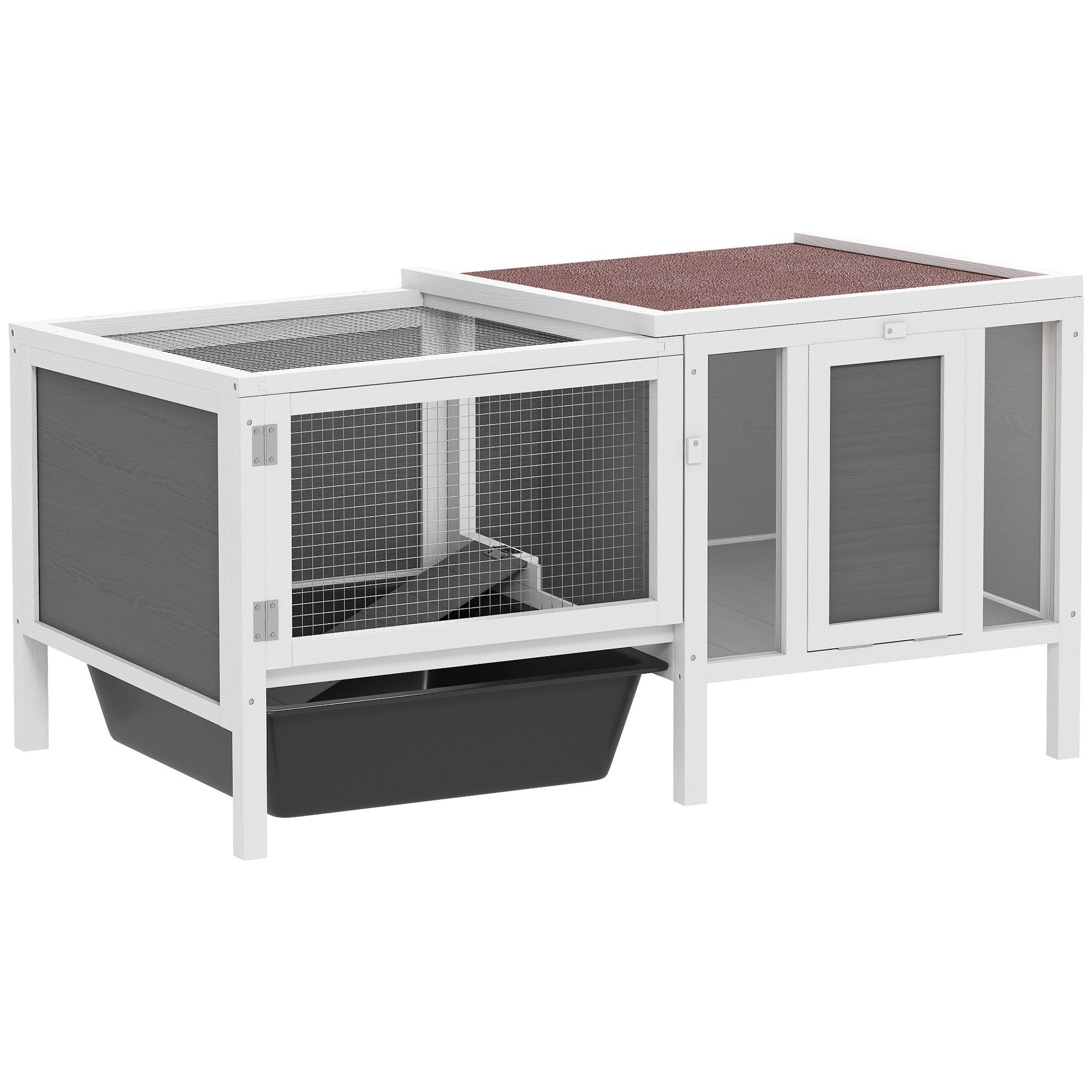 Outdoor Wooden Rabbit Hutch with House, Run & Pull-Out Tray — Spruce Wood, Metal, PET, Asphalt Roof, 105 x 57.5 x 51.5 cm (41.3 x 22.6 x 20.3 in), Multicolor