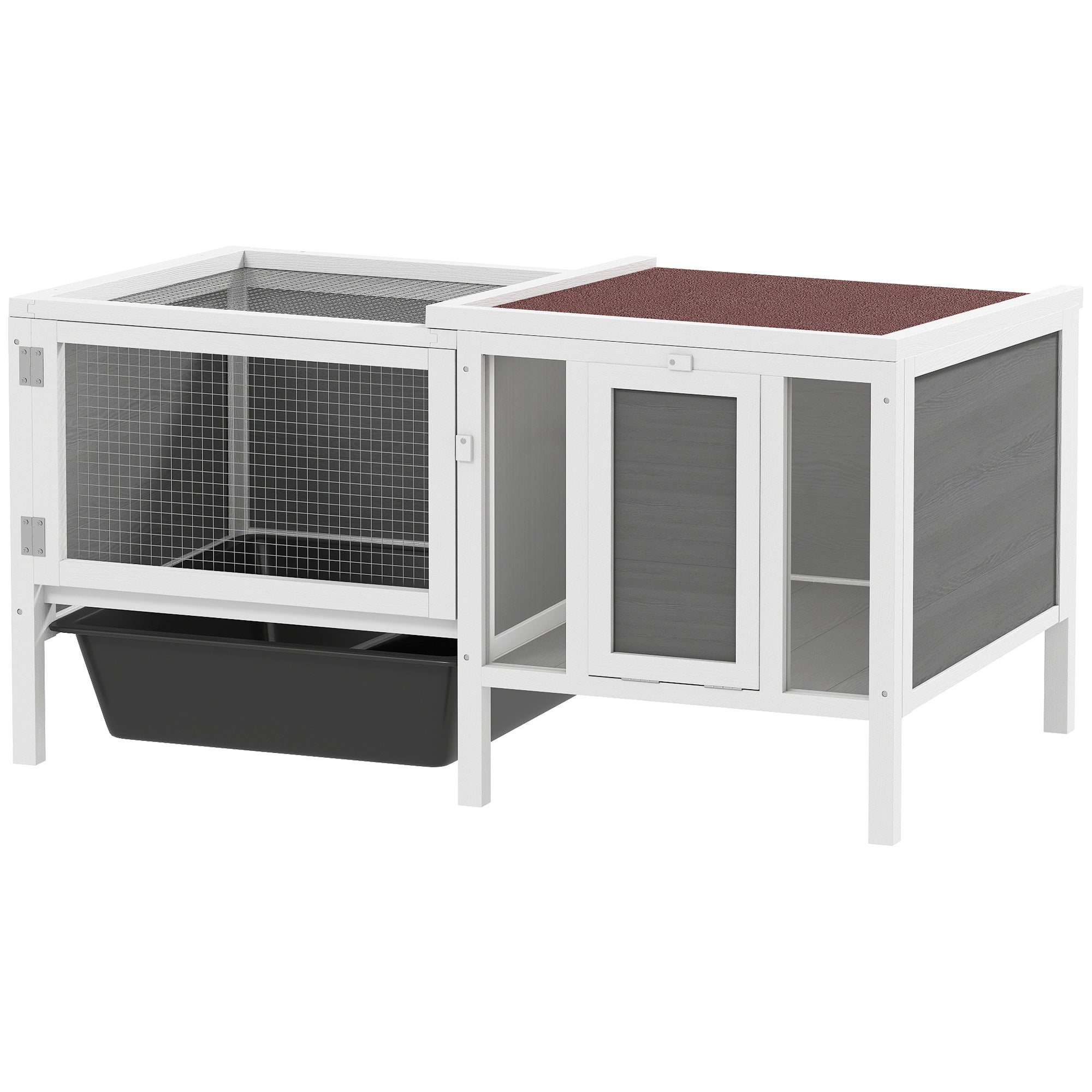 Outdoor Wooden Rabbit Hutch with House, Run & Pull-Out Tray — Spruce Wood, Metal, PET, Asphalt Roof, 105 x 57.5 x 51.5 cm (41.3 x 22.6 x 20.3 in), Multicolor