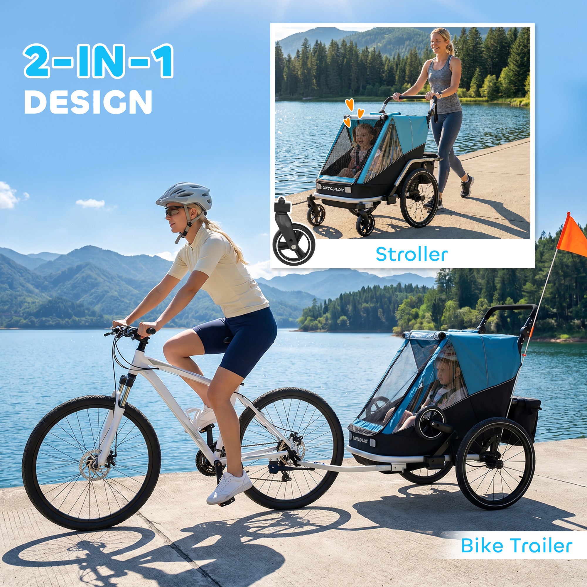 2-in-1 Foldable 2-Seat Bike Trailer & Stroller — 5-Point Harness, Safety Flag, for Children from 12 Months (Max 18 kg / 40 lb)