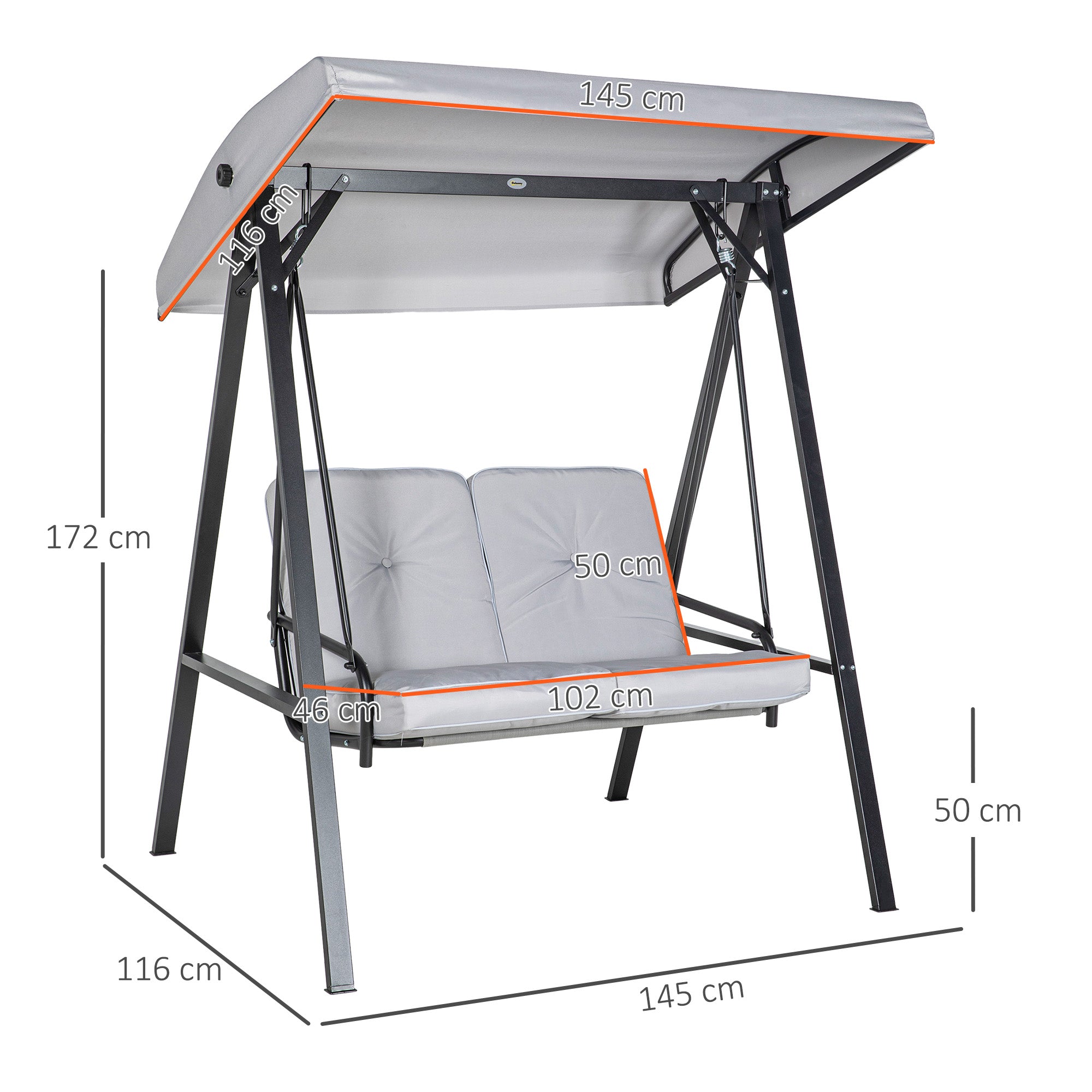2-Seater Hollywood Swing Garden Swing with Adjustable Roof, Cushions, Swing Bench up to 220 kg Load Capacity, for Garden, Balcony, Gray, 145 x 116 x 172 cm