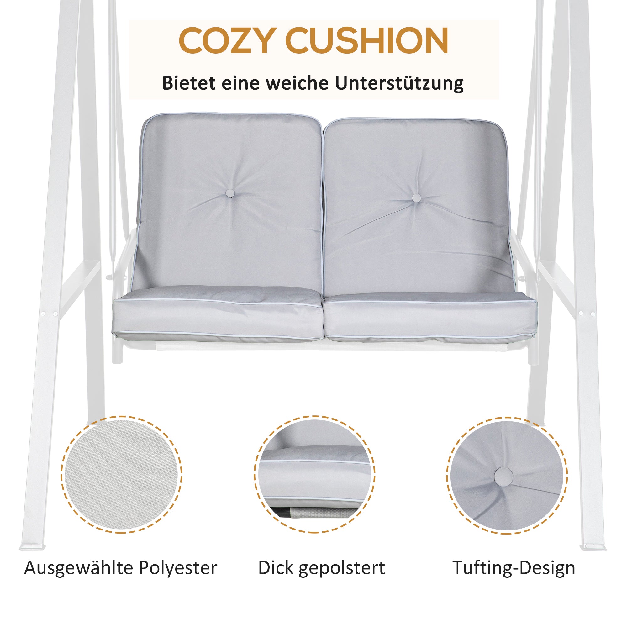 2-Seater Hollywood Swing Garden Swing with Adjustable Roof, Cushions, Swing Bench up to 220 kg Load Capacity, for Garden, Balcony, Gray, 145 x 116 x 172 cm