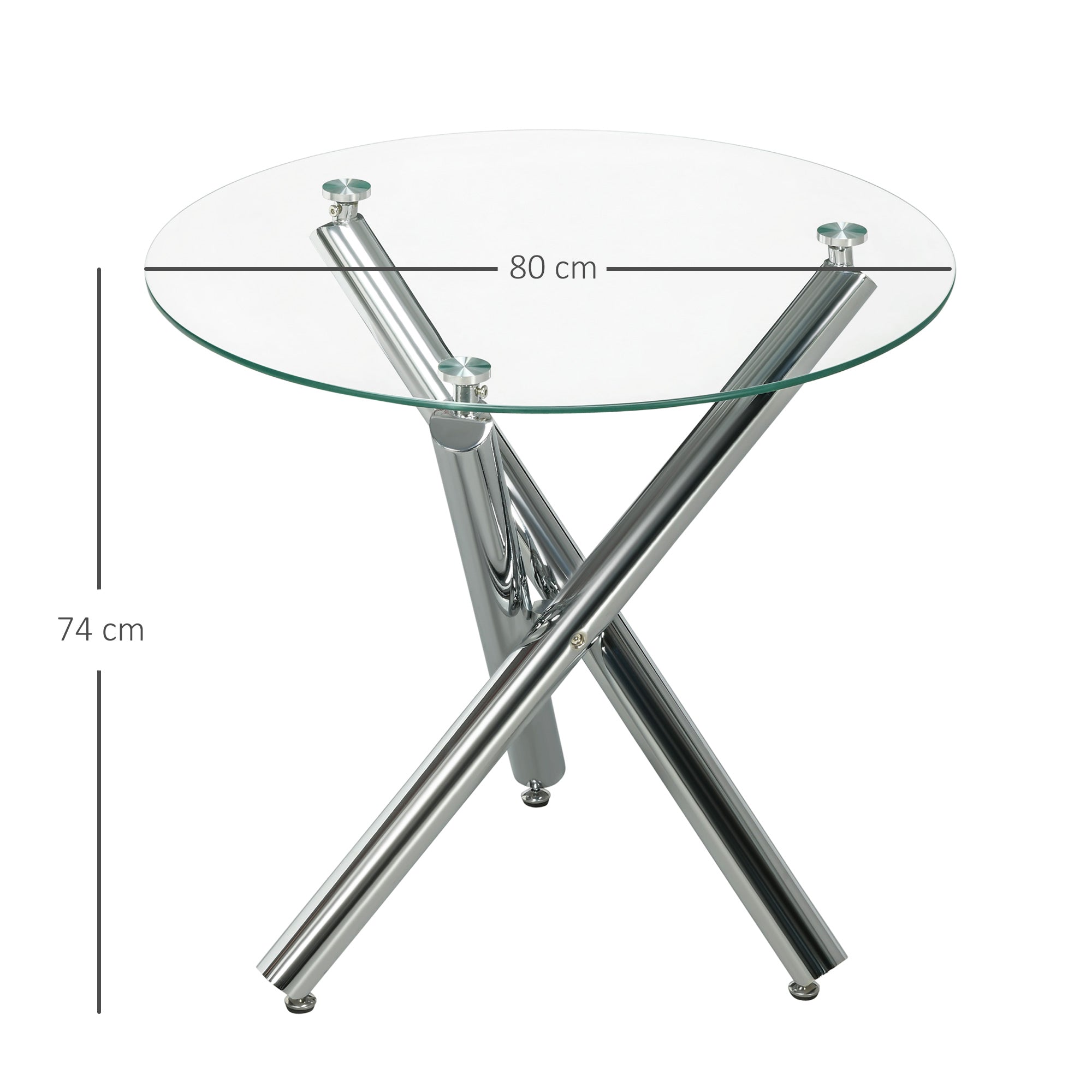 Dining Table, Round Kitchen Table for 4 Persons, Living Room Table, Glass Table, Coffee Table, Side Table, Steel, Ø80 x 74 cm, Transparent