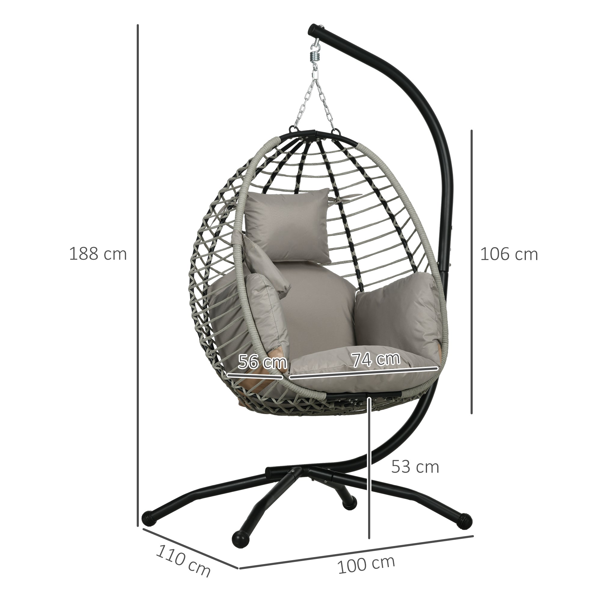 Foldable Hanging Egg Chair Swing with Cushion and Stand Indoor Outdoor use Metal Polypropylene Rope Gray 110L x 100W x 188H cm