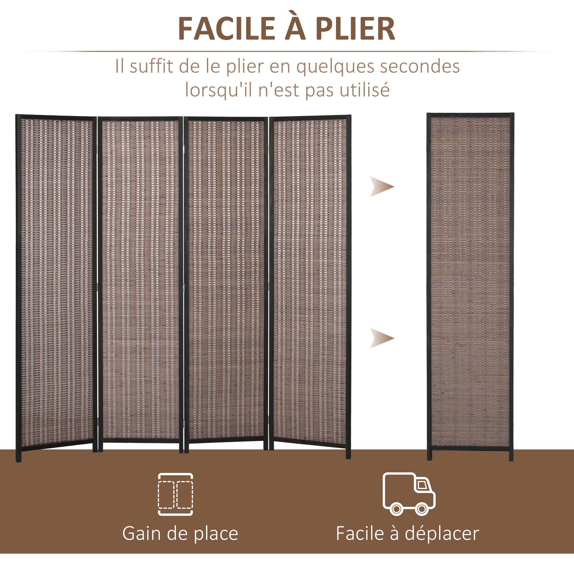 Indoor Wooden 4 Panel Room Divider 180 x 180 cm Foldable Partition Separator for Living Room Bedroom Home, Brown